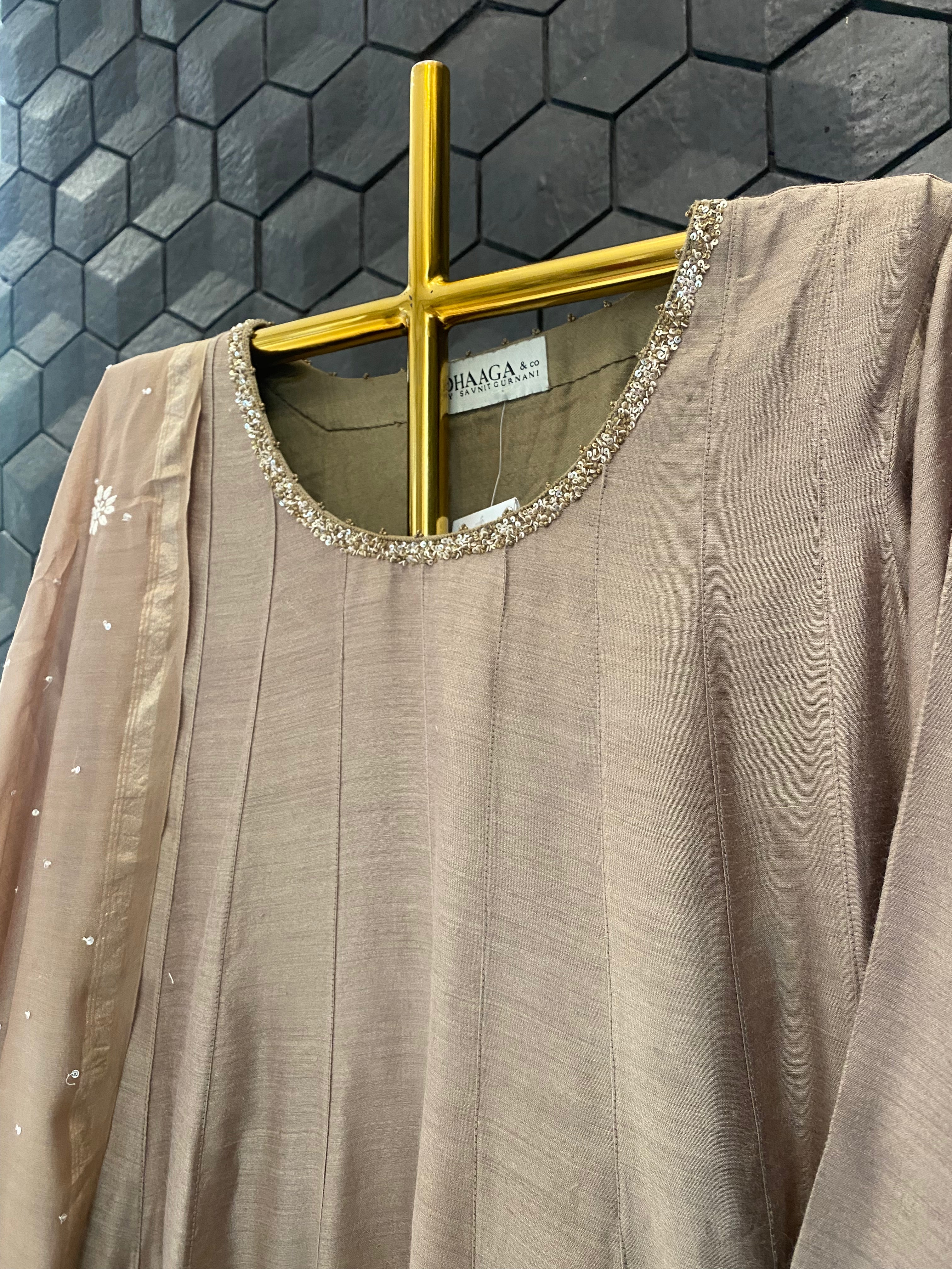 Brown Moonga Silk Chikankari Anarkali Set