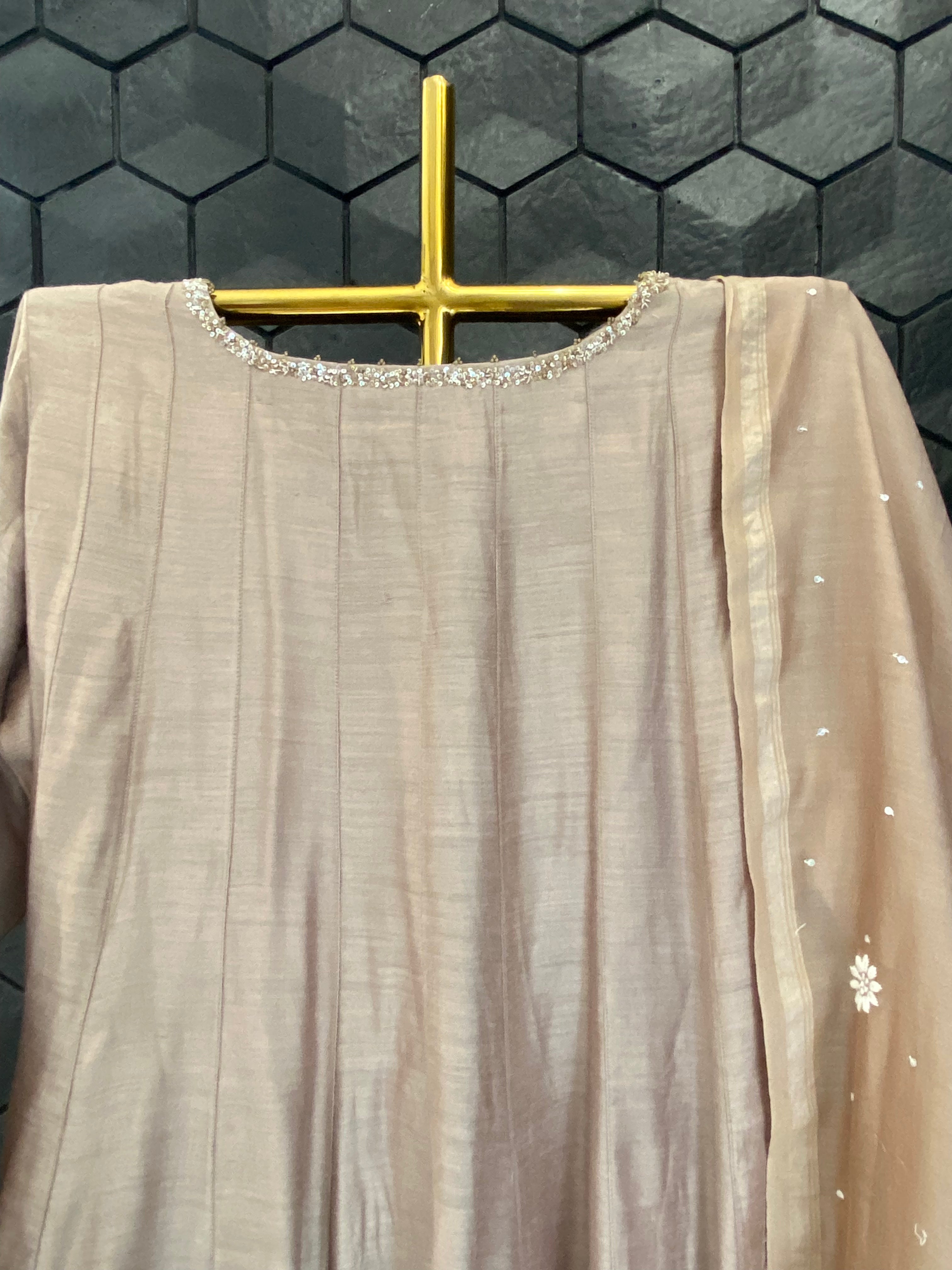 Brown Moonga Silk Chikankari Anarkali Set