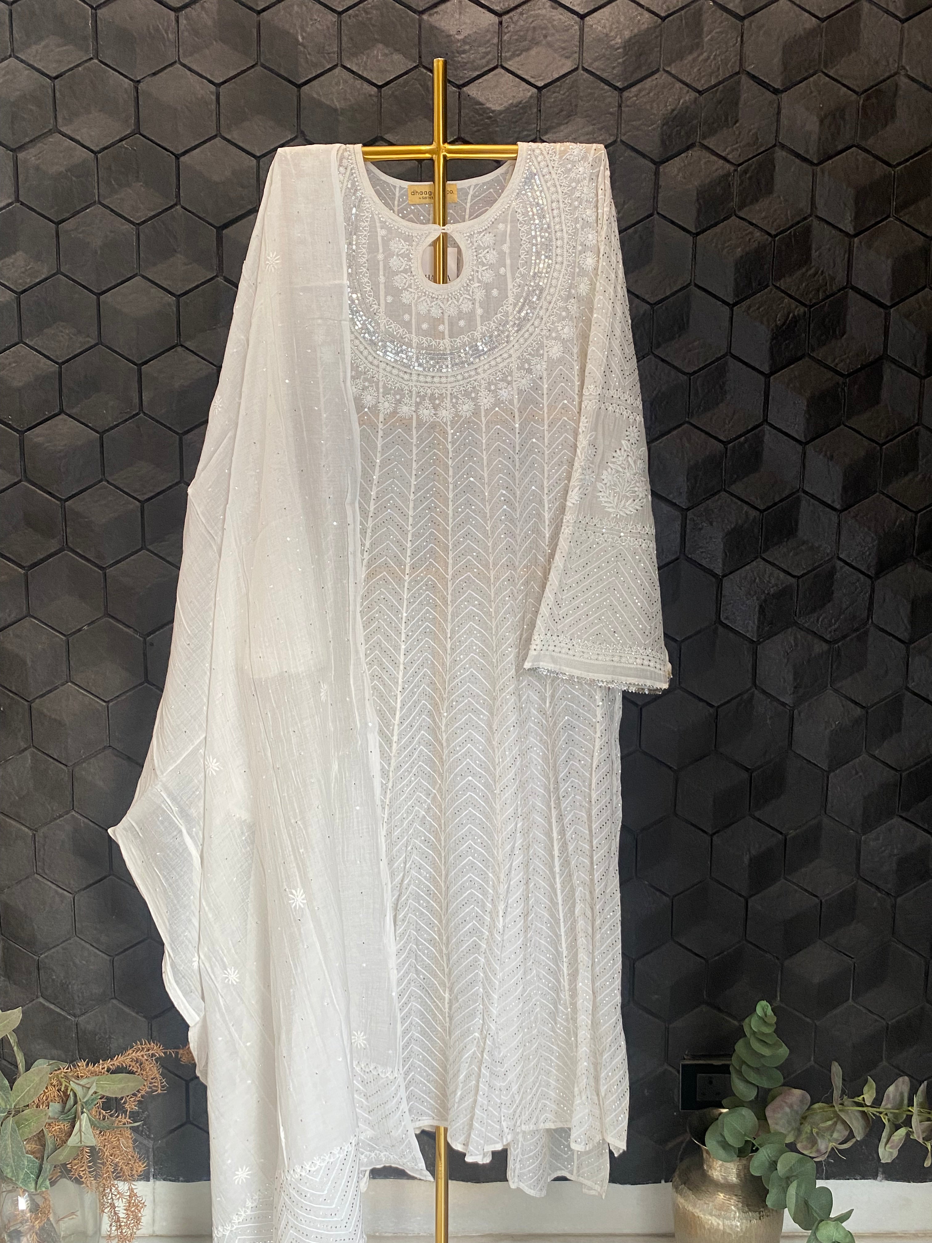 White Mul Chanderi Chikankari Mukaish Anarkali Set