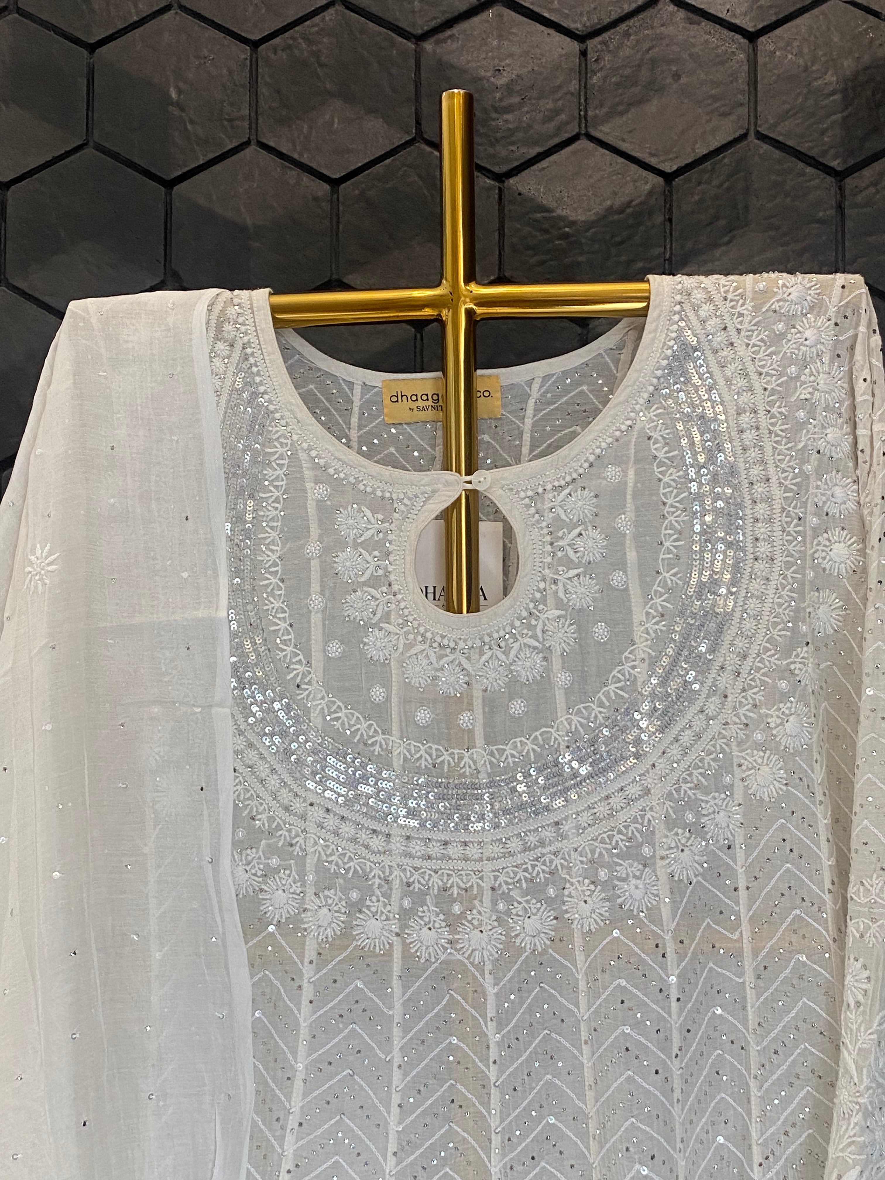 White Mul Chanderi Chikankari Mukaish Anarkali Set
