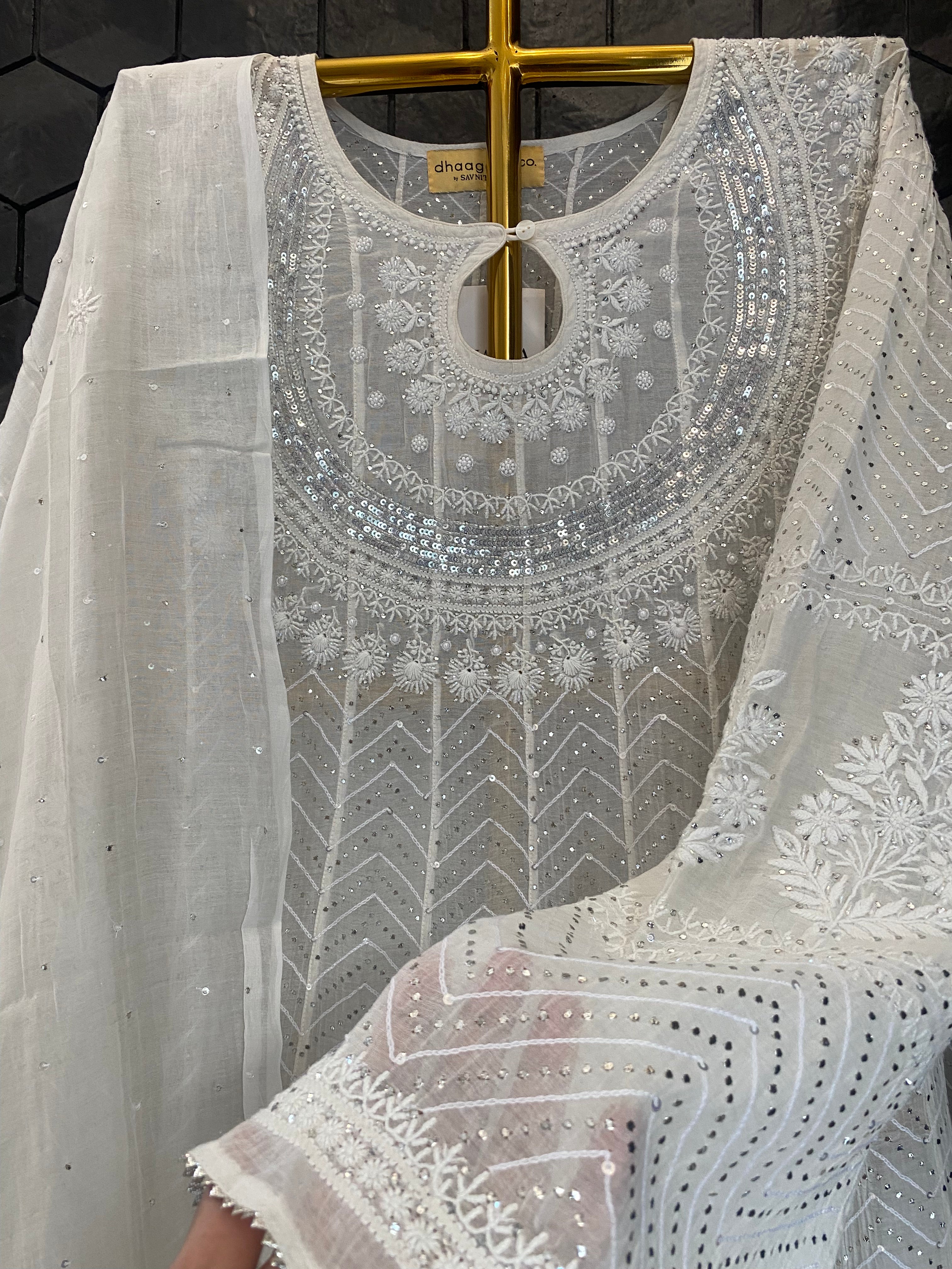 White Mul Chanderi Chikankari Mukaish Anarkali Set
