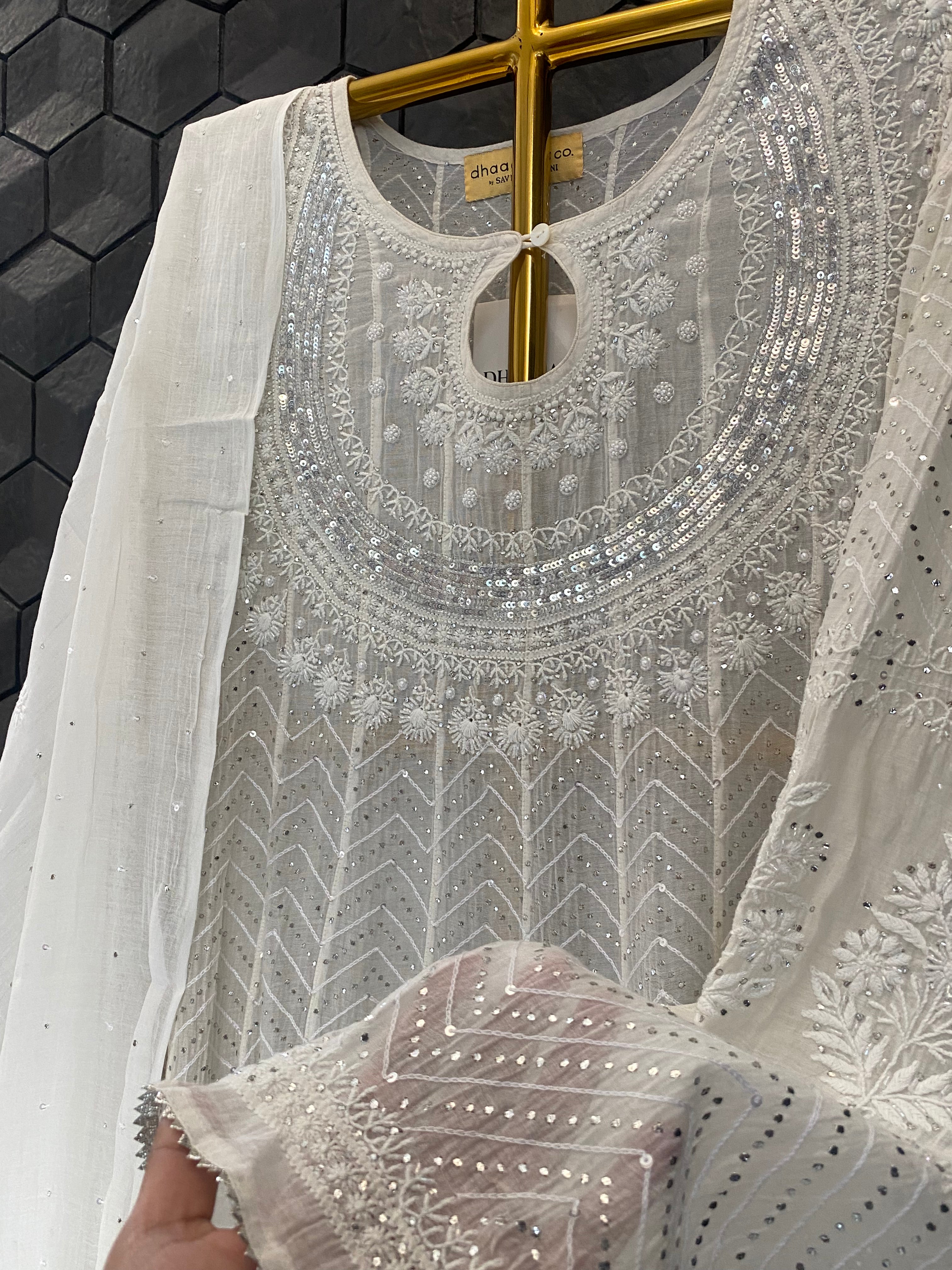 White Mul Chanderi Chikankari Mukaish Anarkali Set