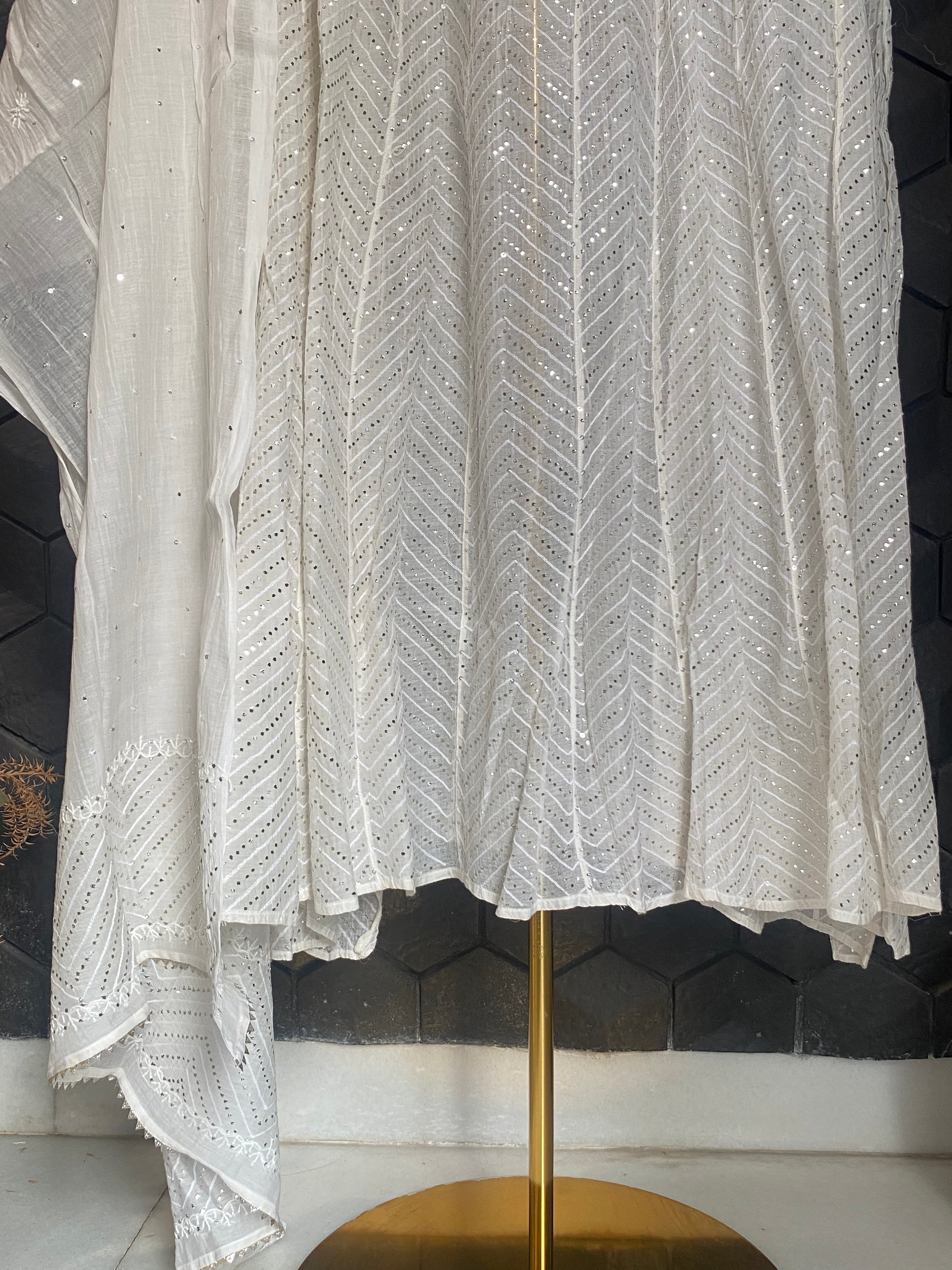 White Mul Chanderi Chikankari Mukaish Anarkali Set