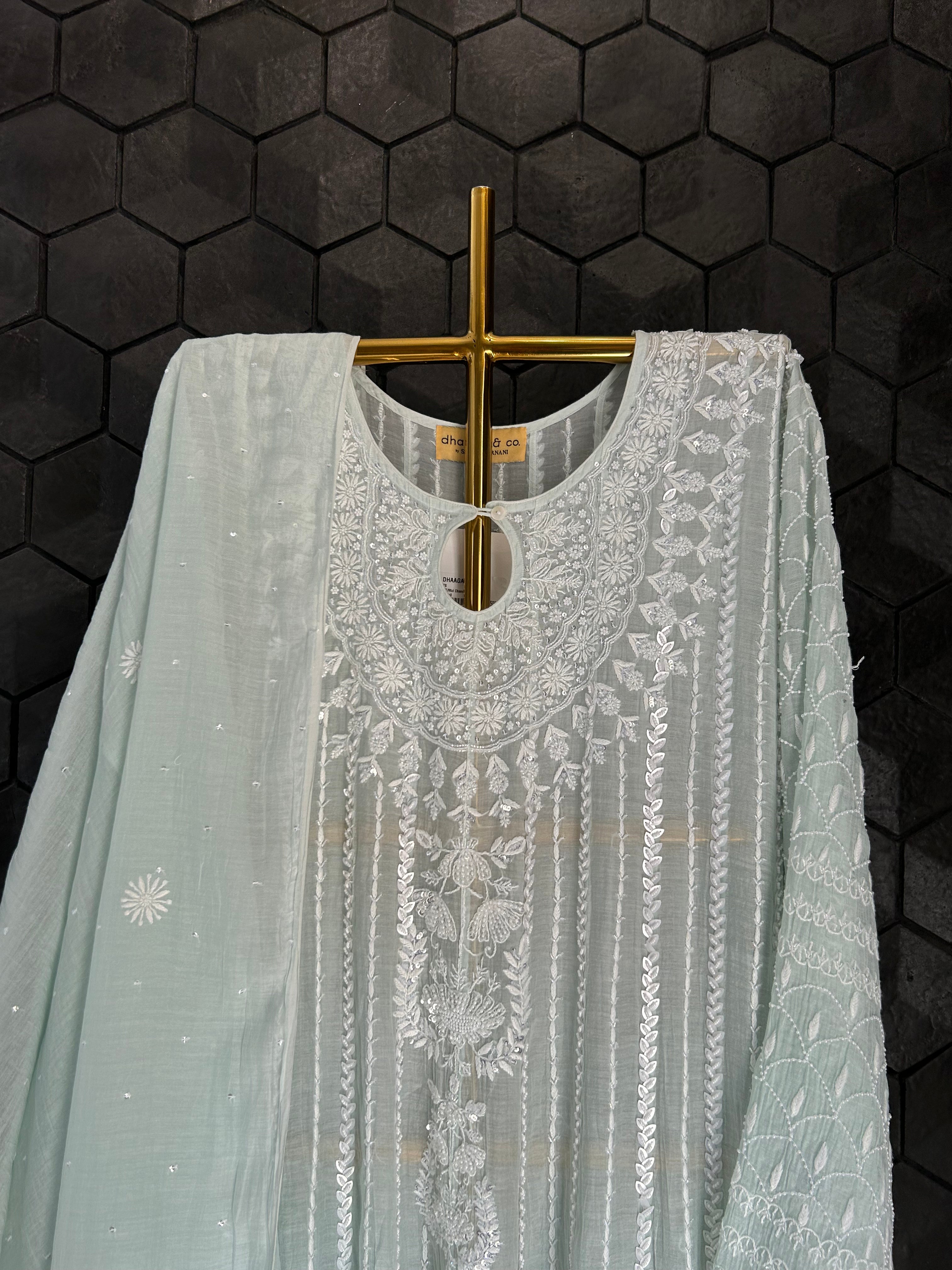 Sea Green Mul Chanderi Chikankari Anarkali Set