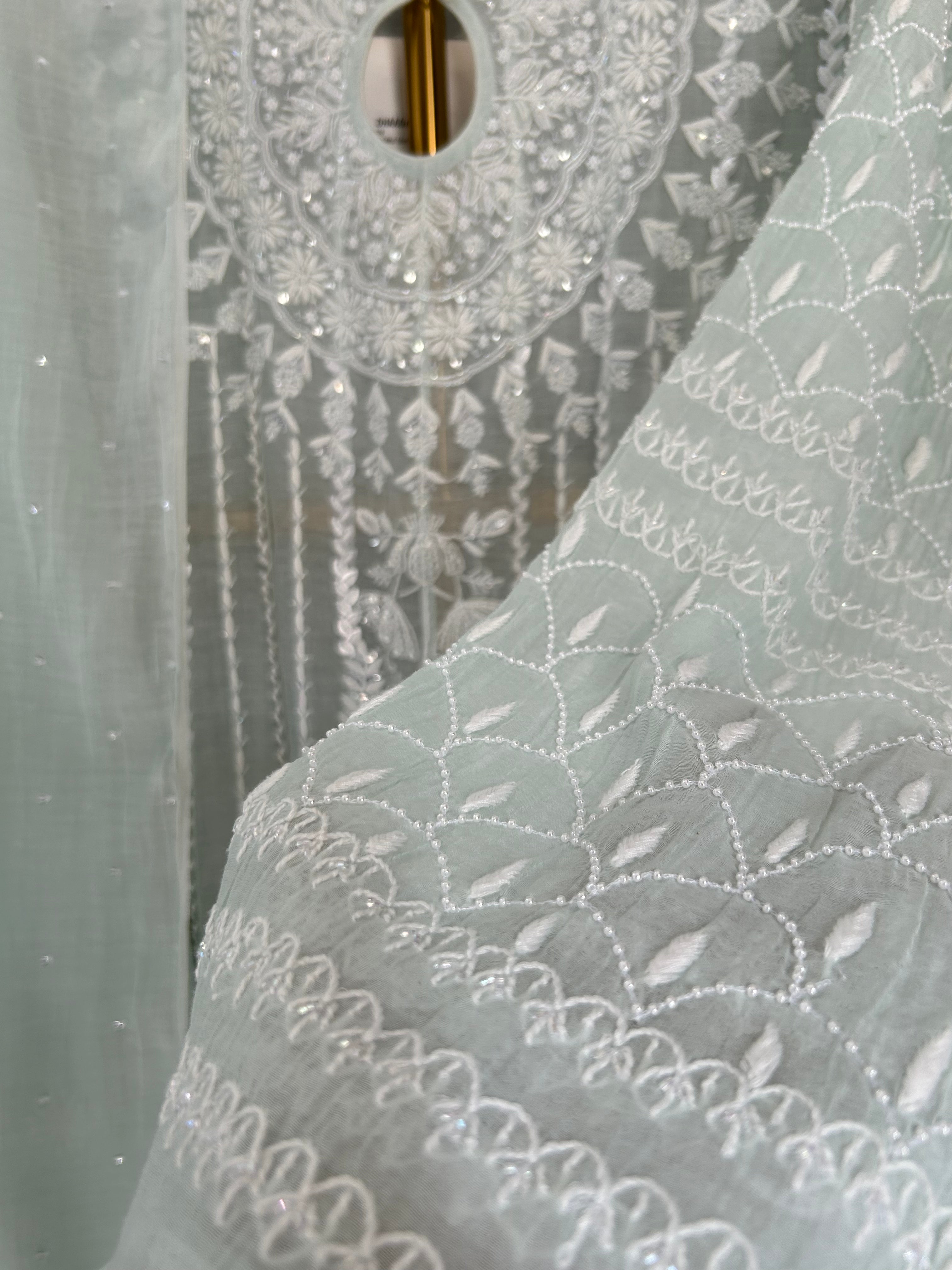 Sea Green Mul Chanderi Chikankari Anarkali Set