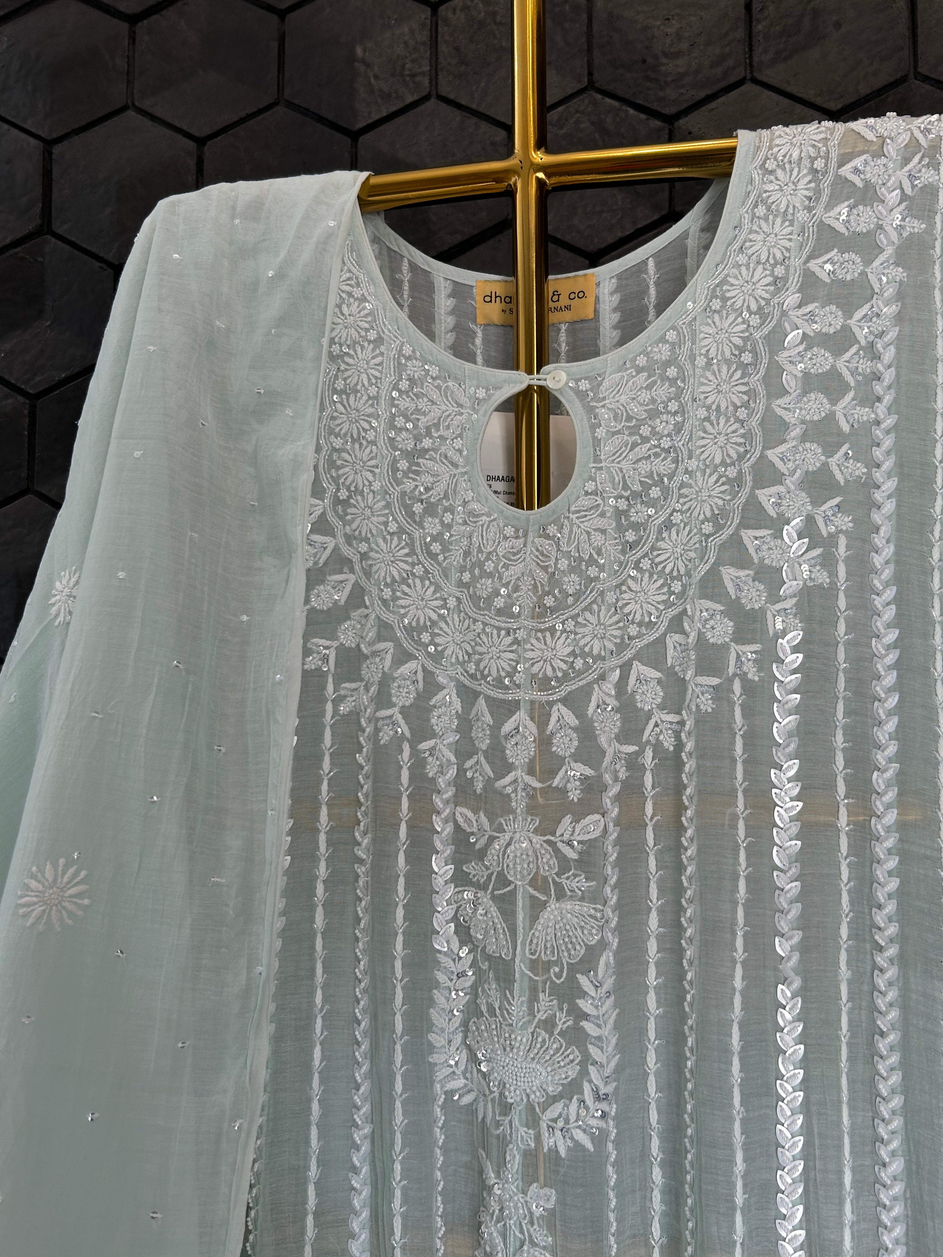 Sea Green Mul Chanderi Chikankari Anarkali Set