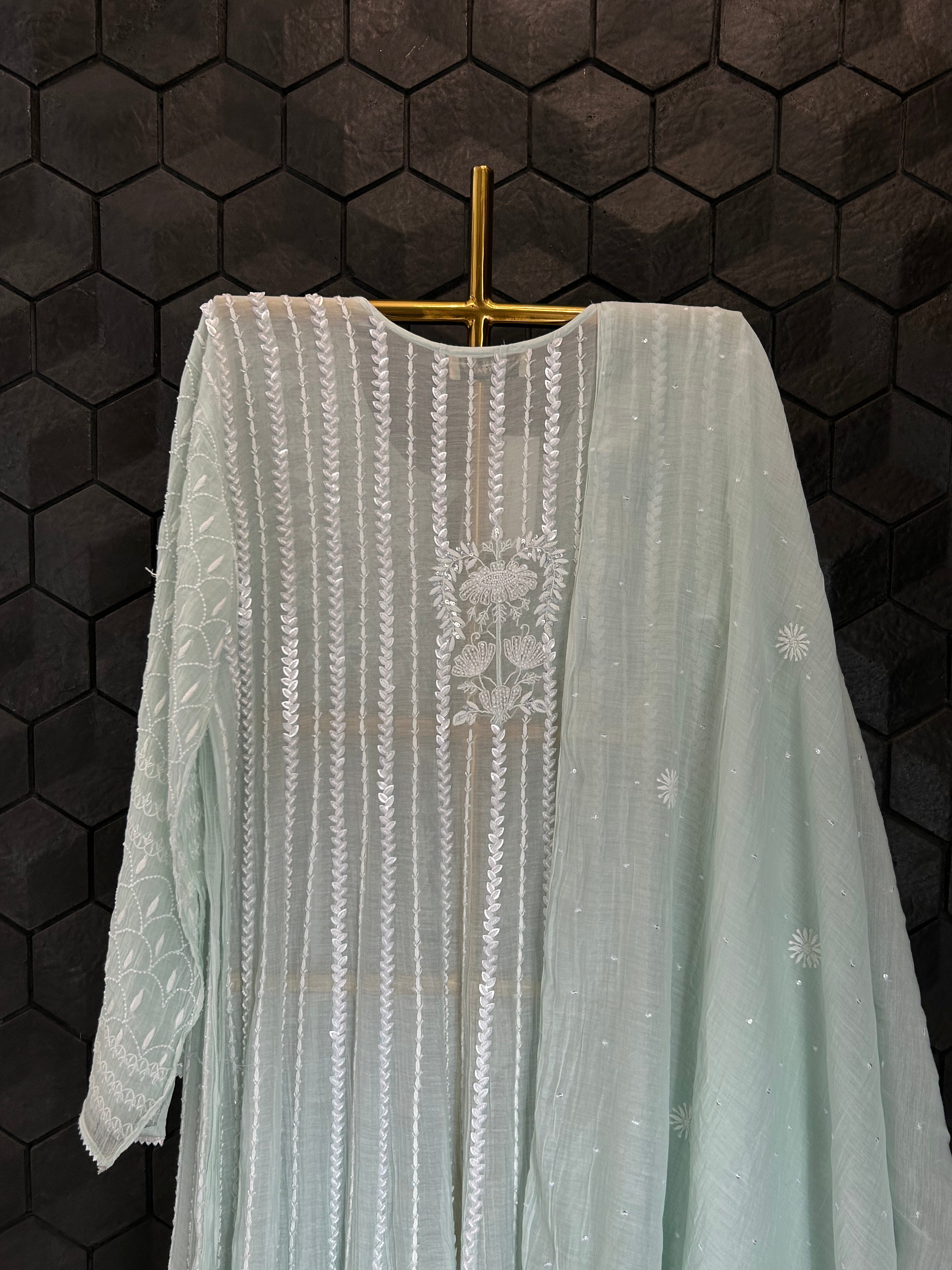 Sea Green Mul Chanderi Chikankari Anarkali Set