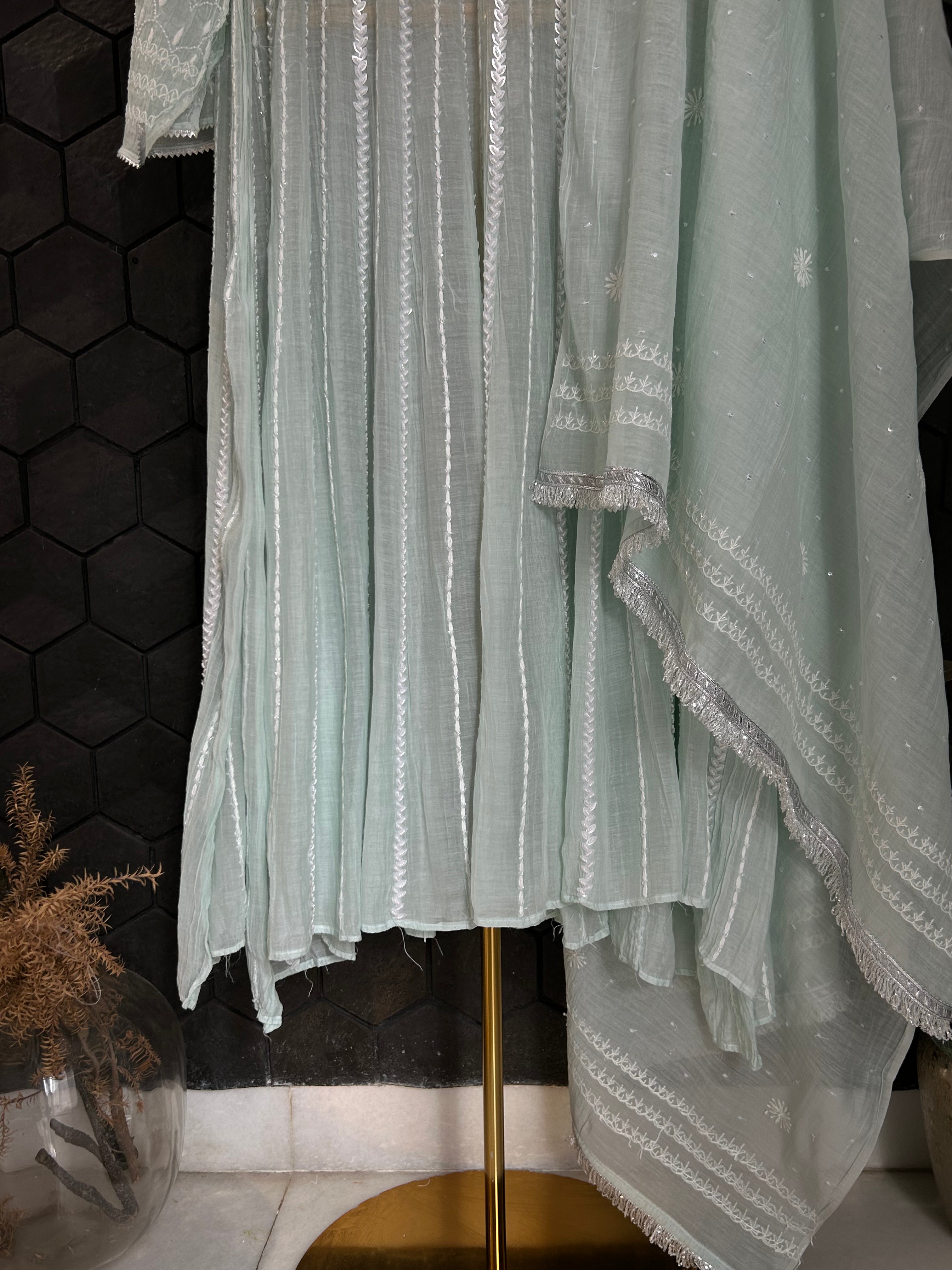 Sea Green Mul Chanderi Chikankari Anarkali Set