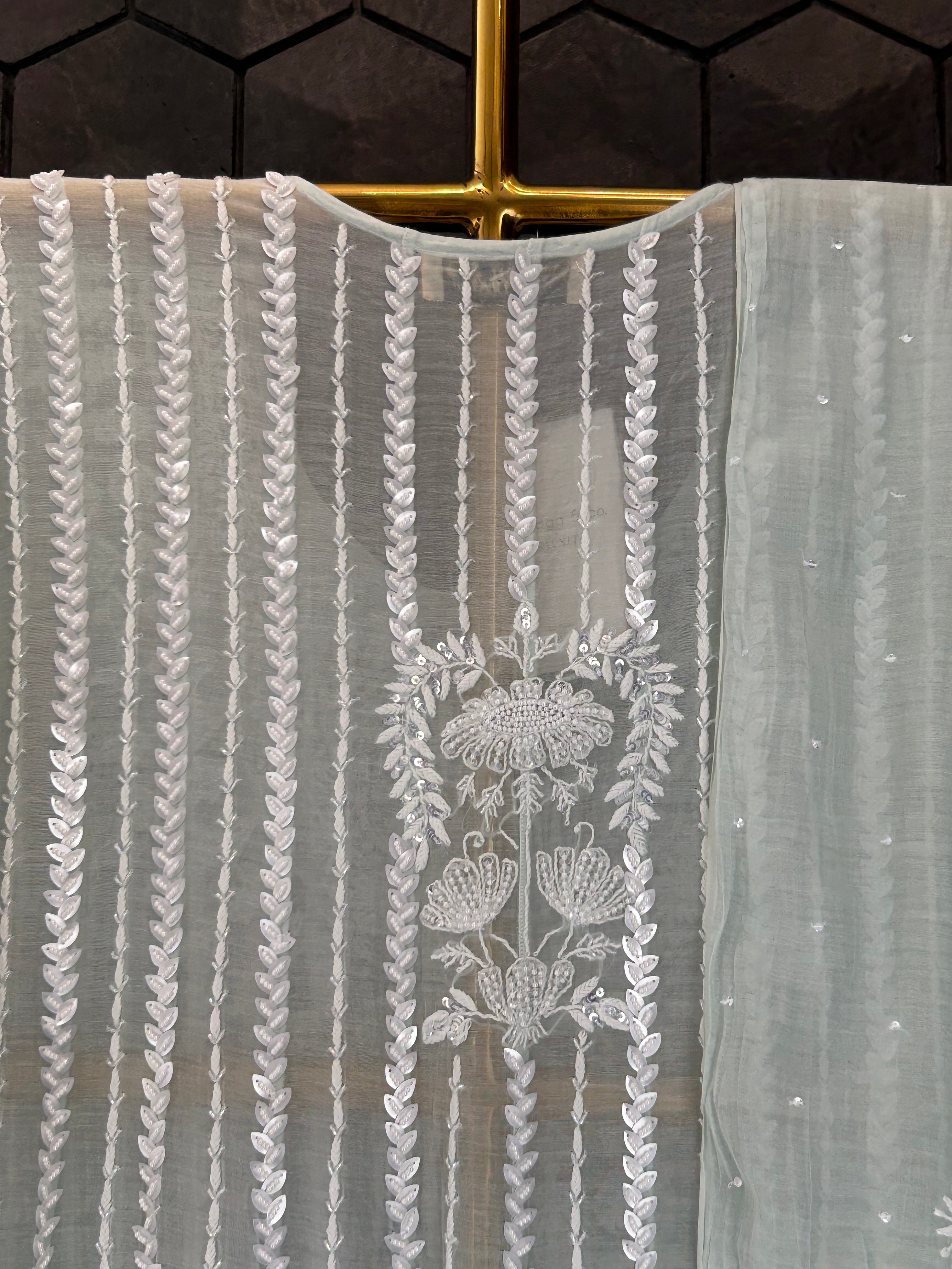 Sea Green Mul Chanderi Chikankari Anarkali Set