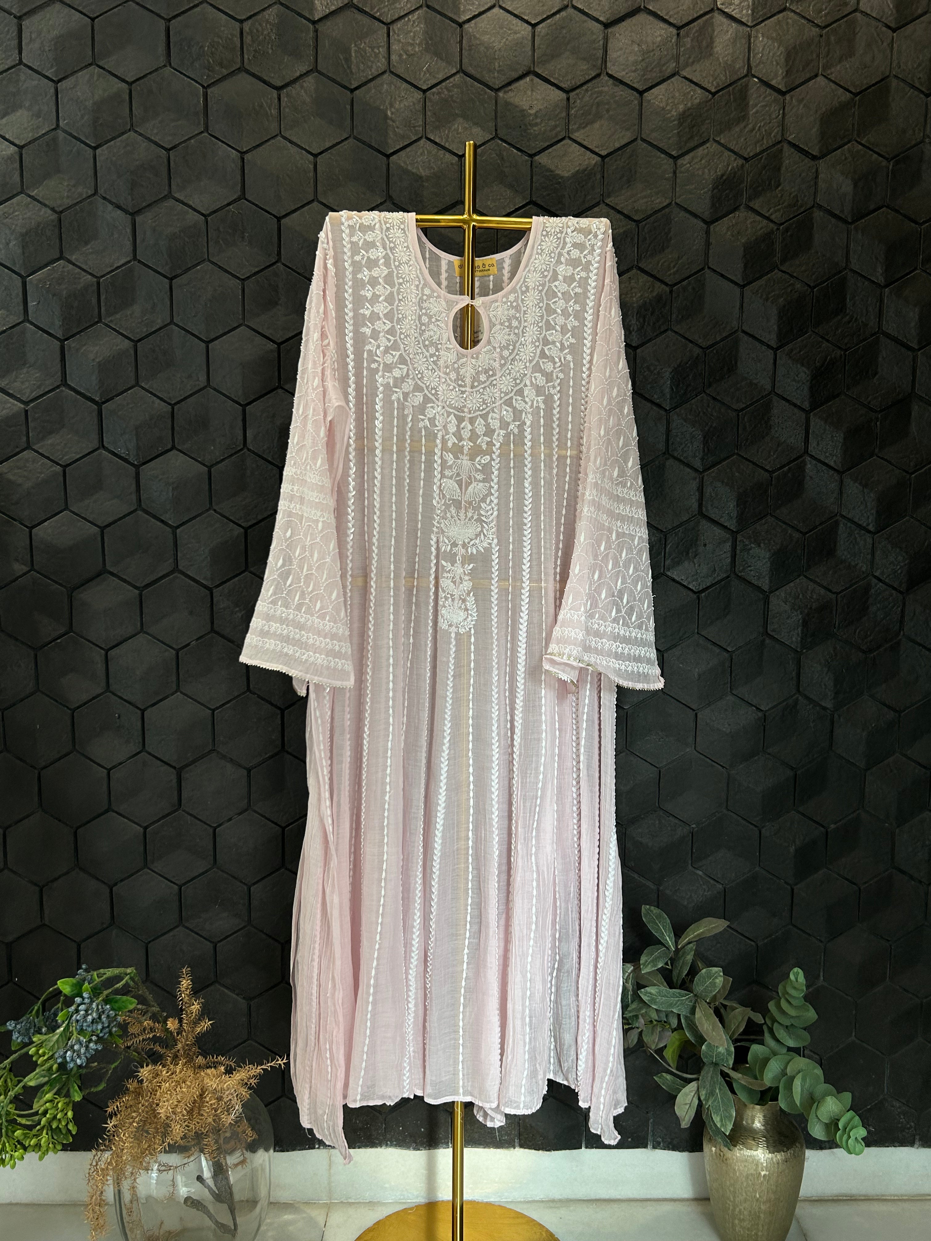 Pink Mul Chanderi Chikankari Anarkali Set