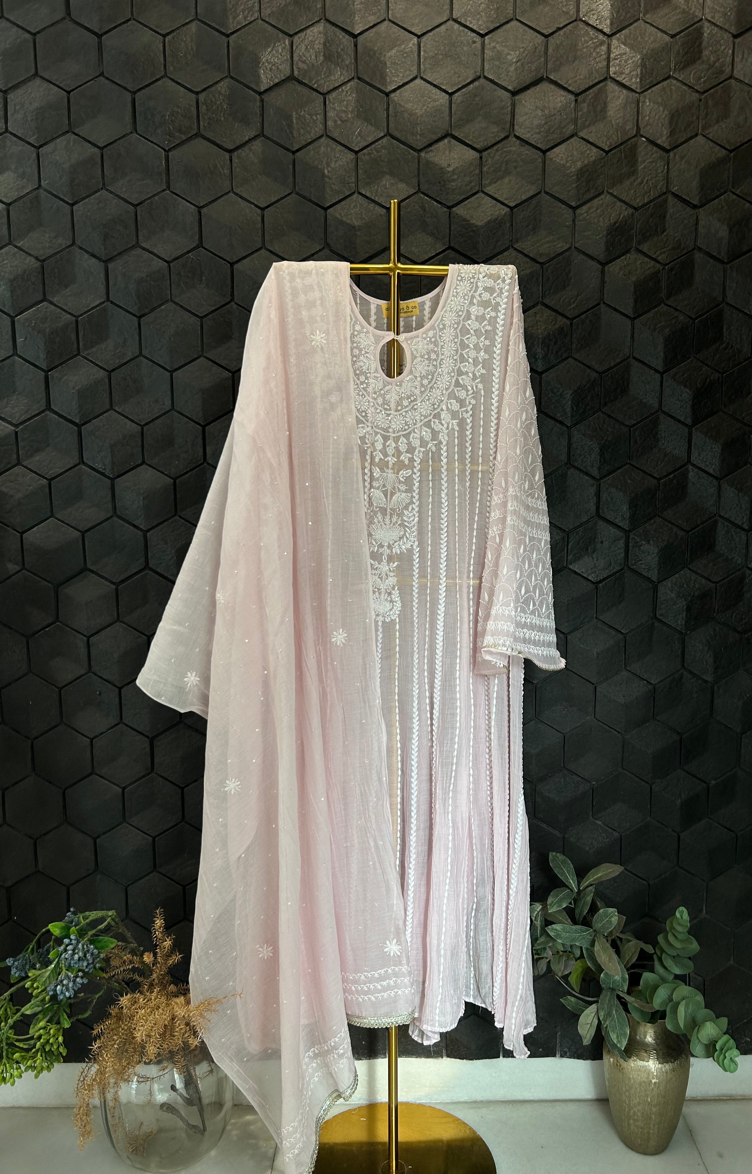 Pink Mul Chanderi Chikankari Anarkali Set
