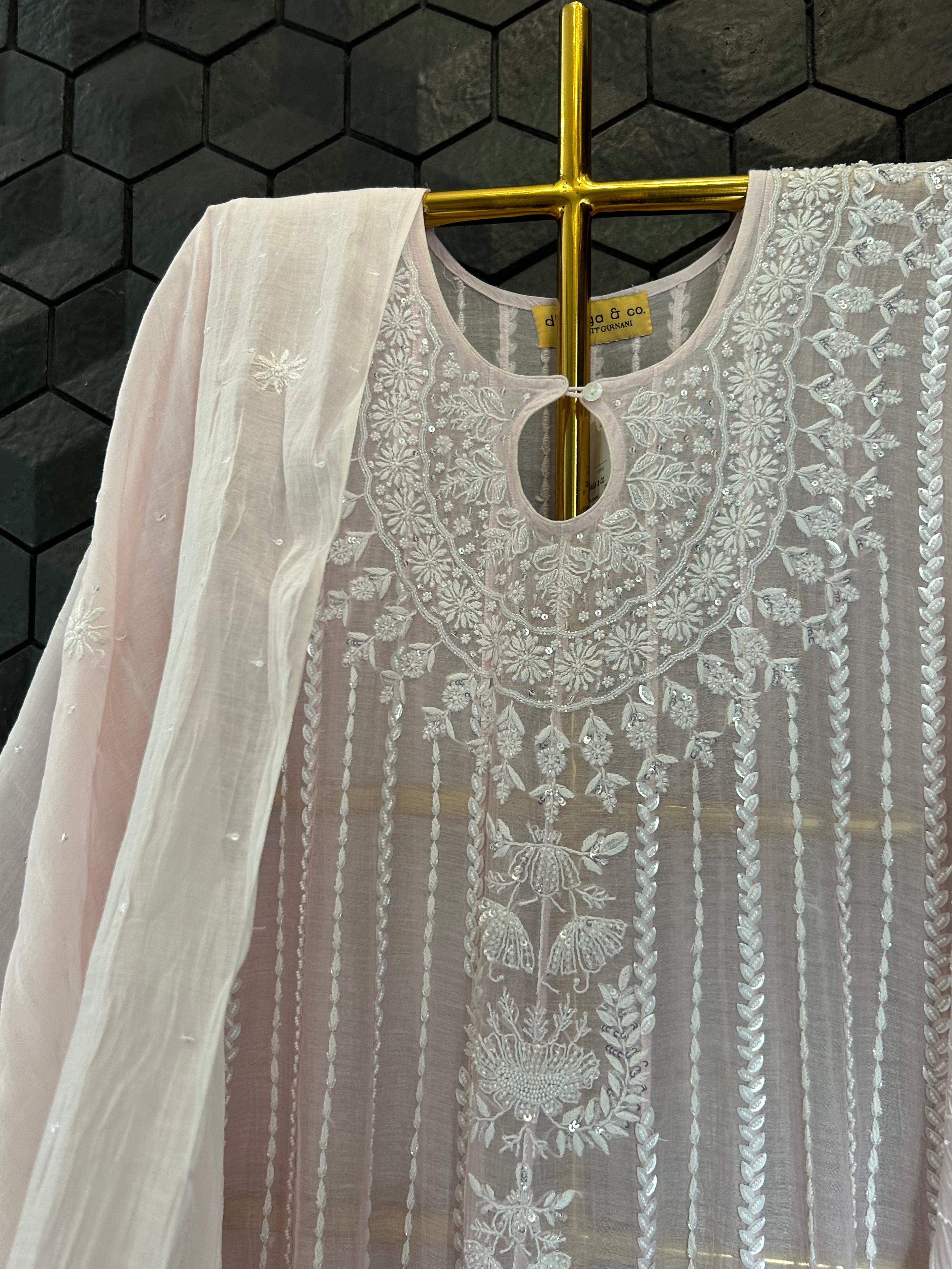 Pink Mul Chanderi Chikankari Anarkali Set