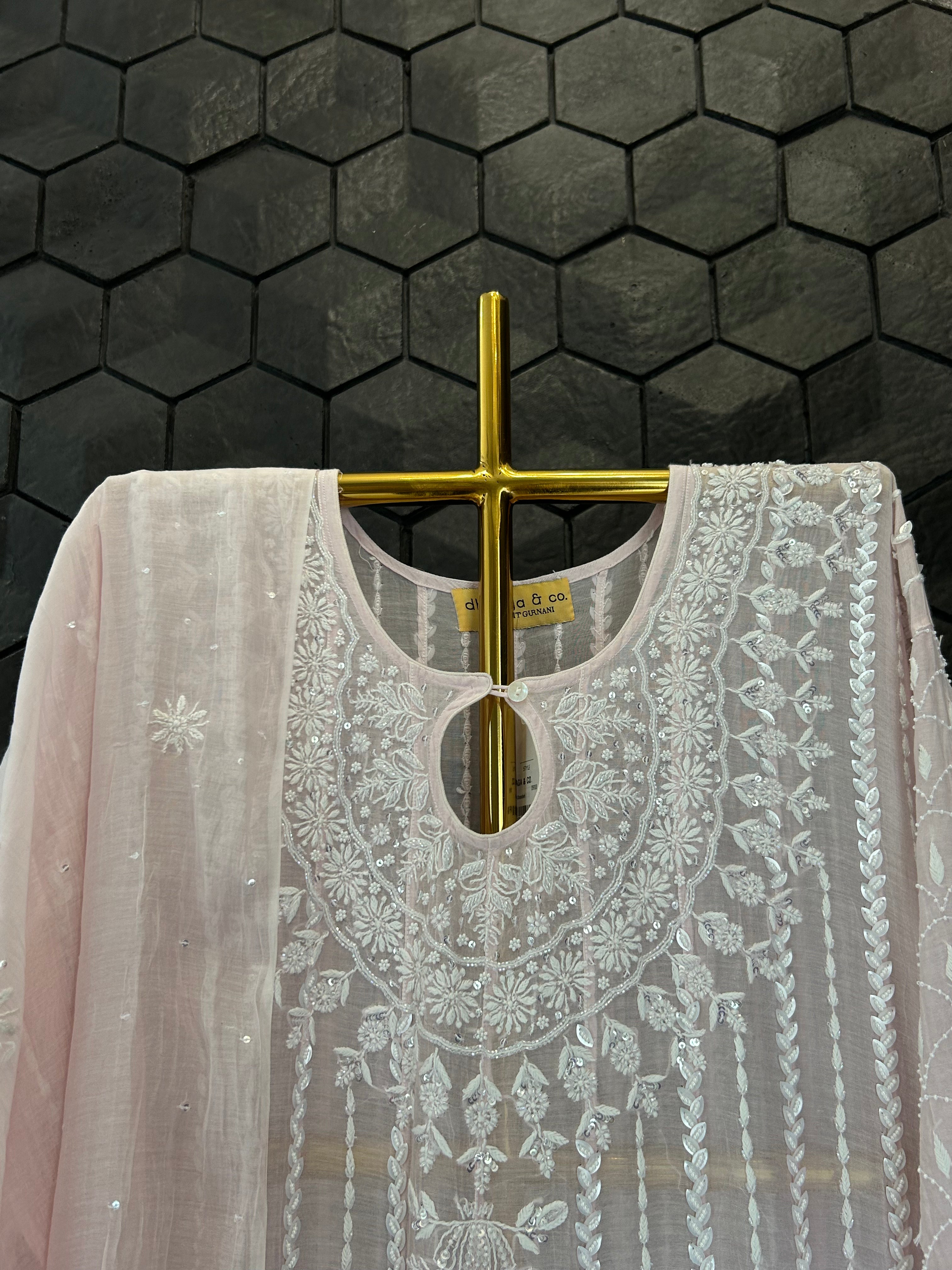 Pink Mul Chanderi Chikankari Anarkali Set
