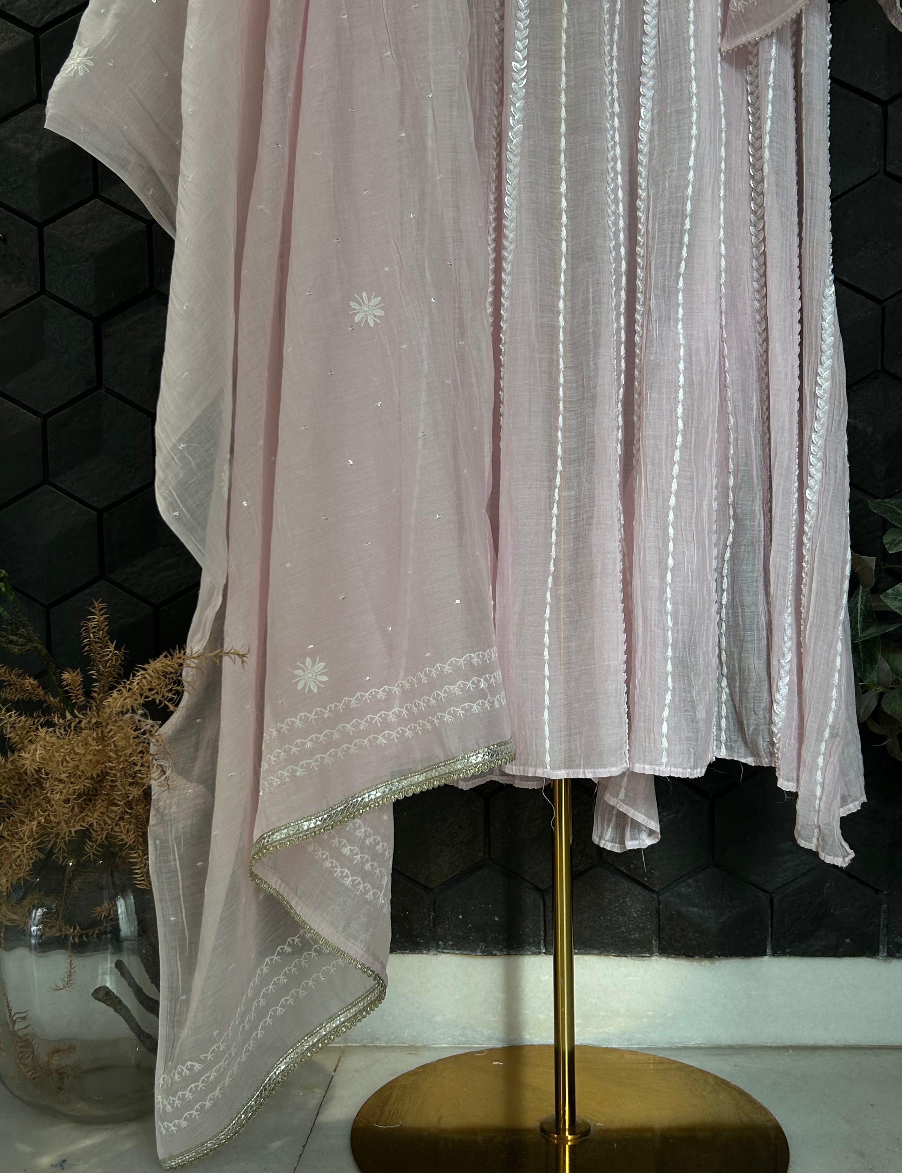 Pink Mul Chanderi Chikankari Anarkali Set