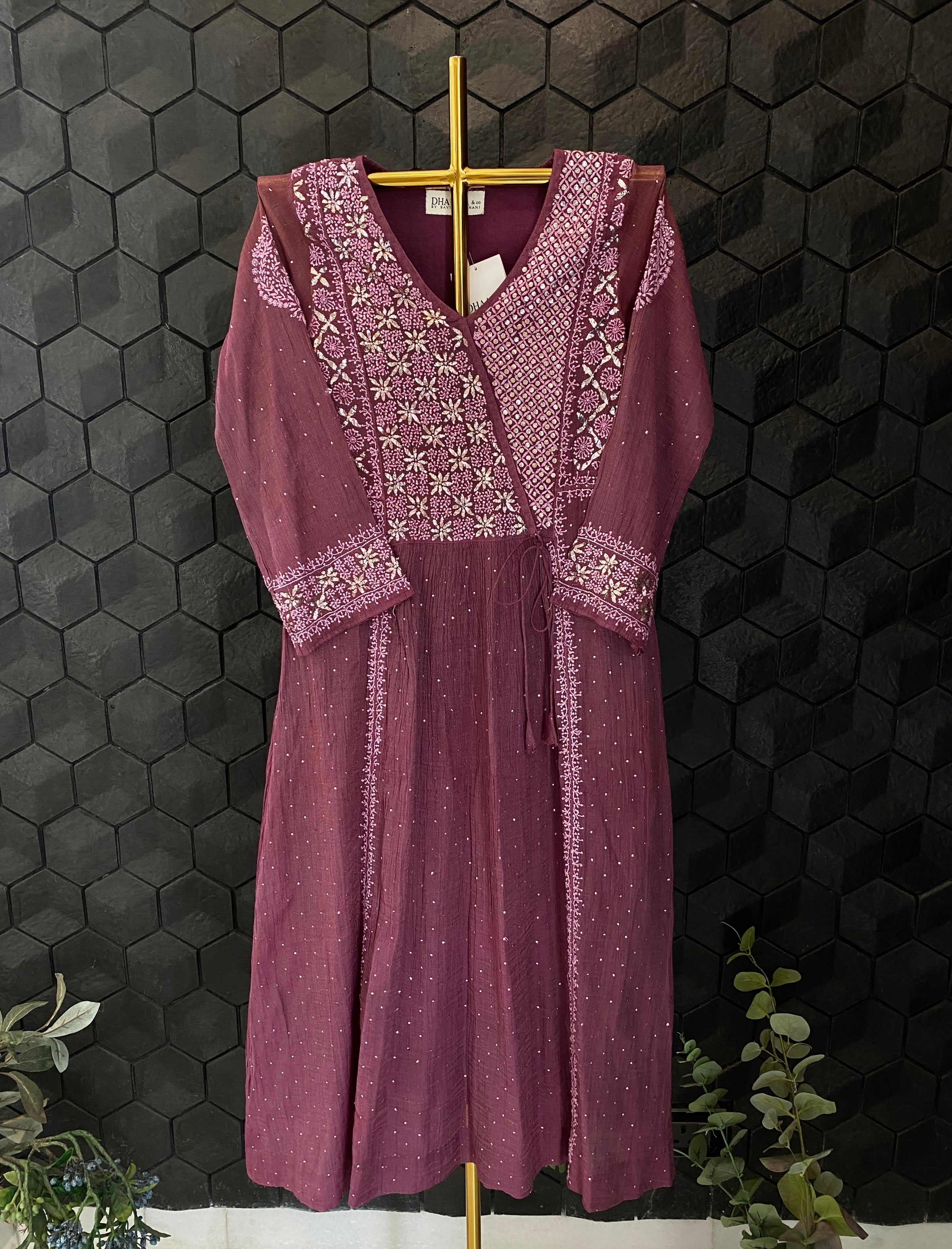 Magenta Tissue Chikankari and Mukaish Tunic Dress