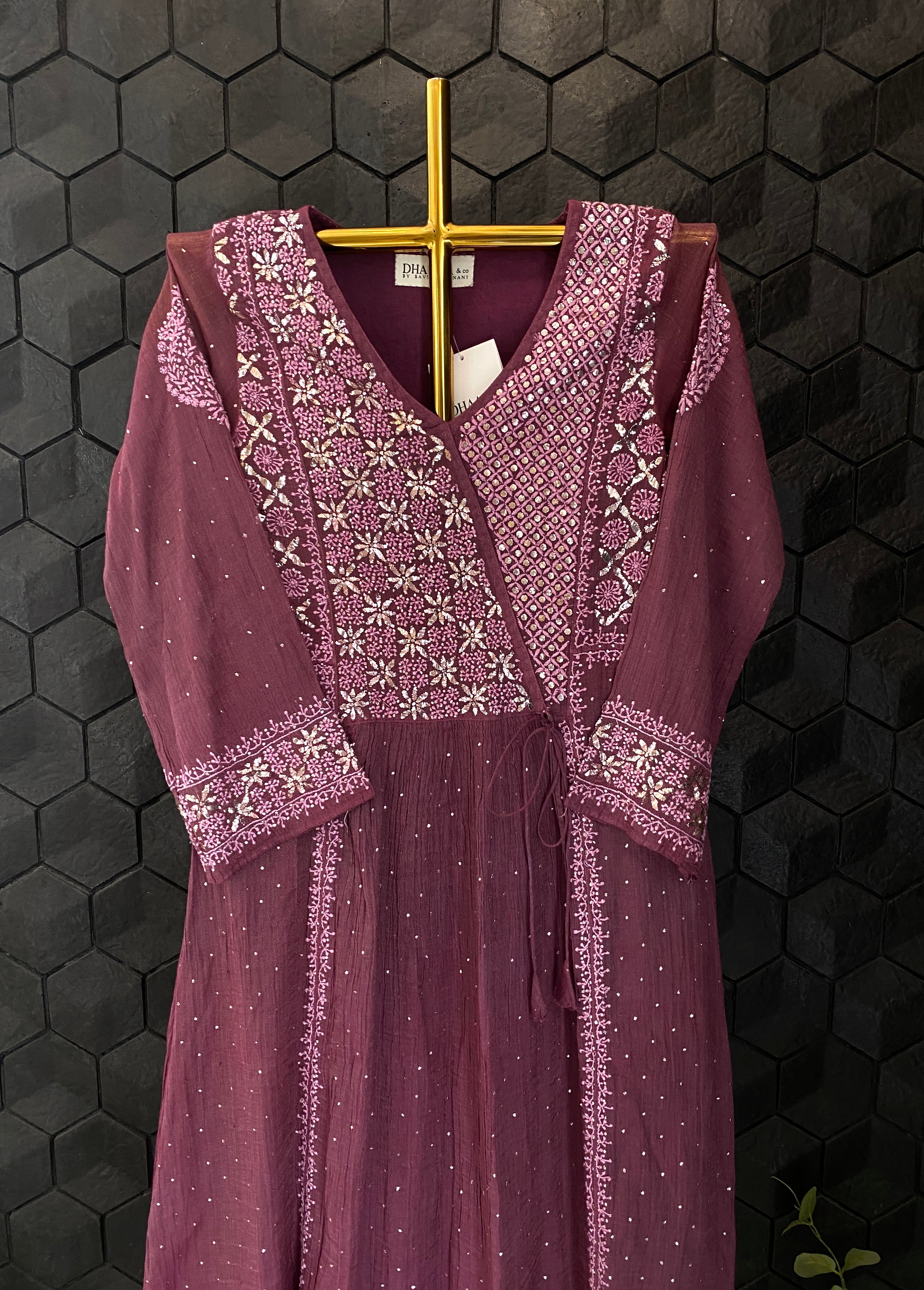 Magenta Tissue Chikankari and Mukaish Tunic Dress