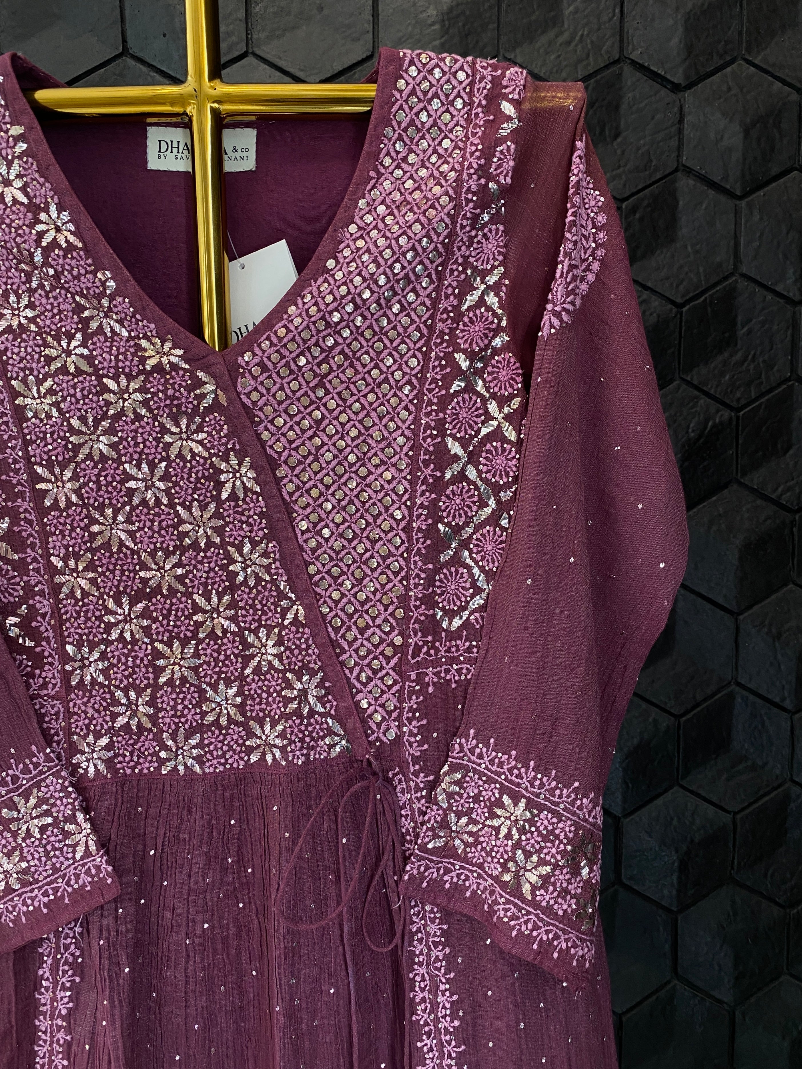 Magenta Tissue Chikankari and Mukaish Tunic Dress