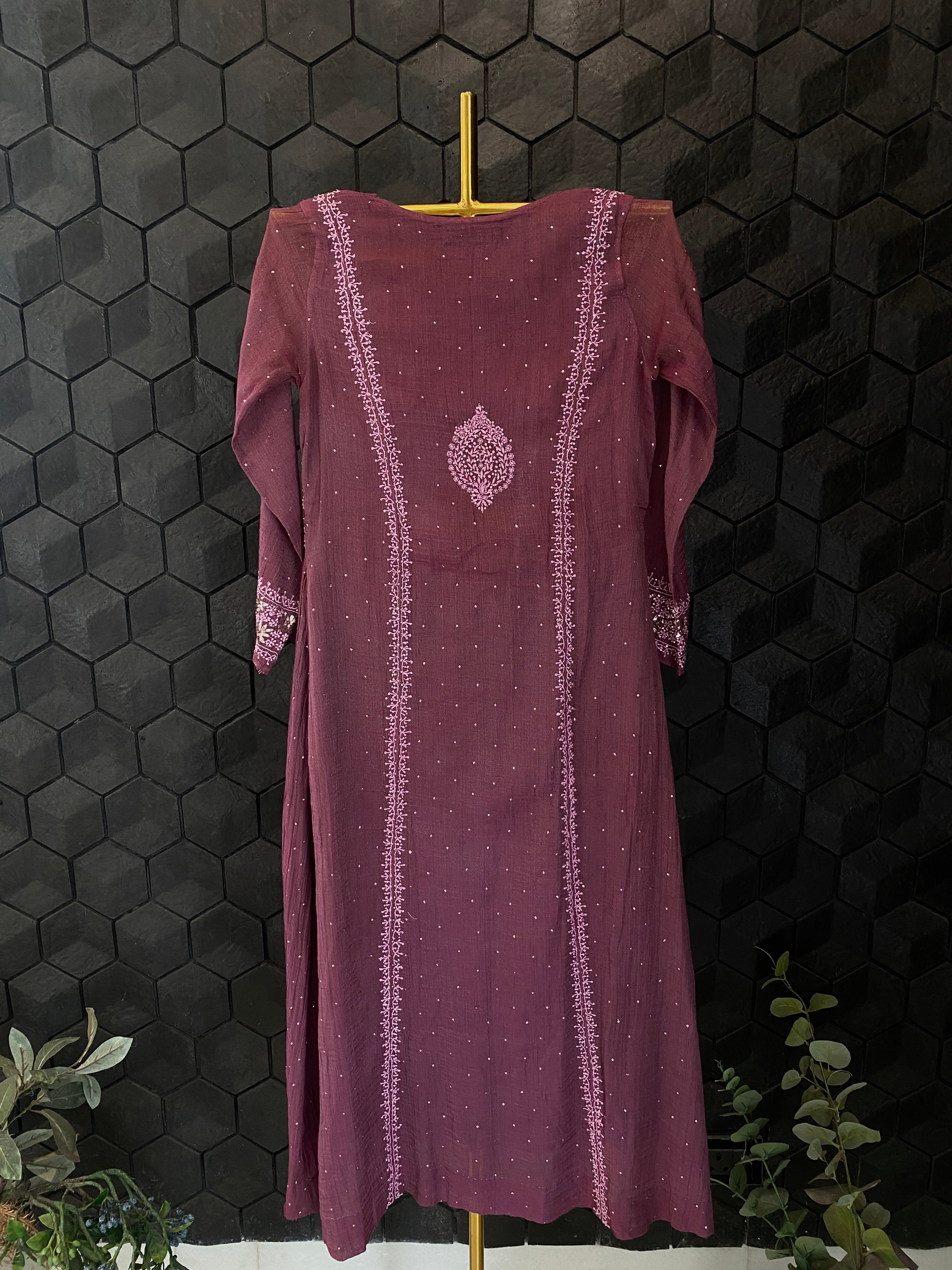 Magenta Tissue Chikankari and Mukaish Tunic Dress