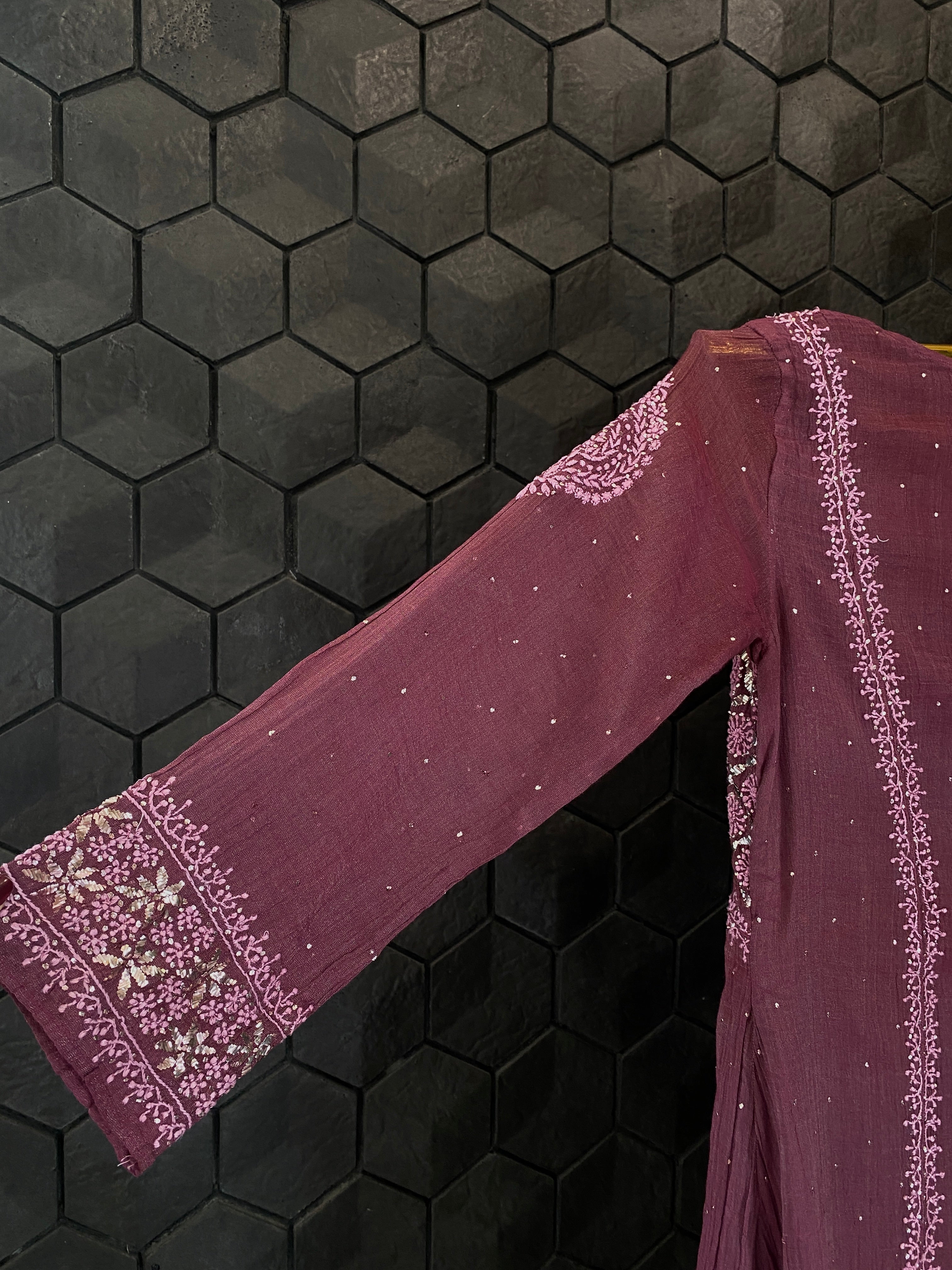 Magenta Tissue Chikankari and Mukaish Tunic Dress