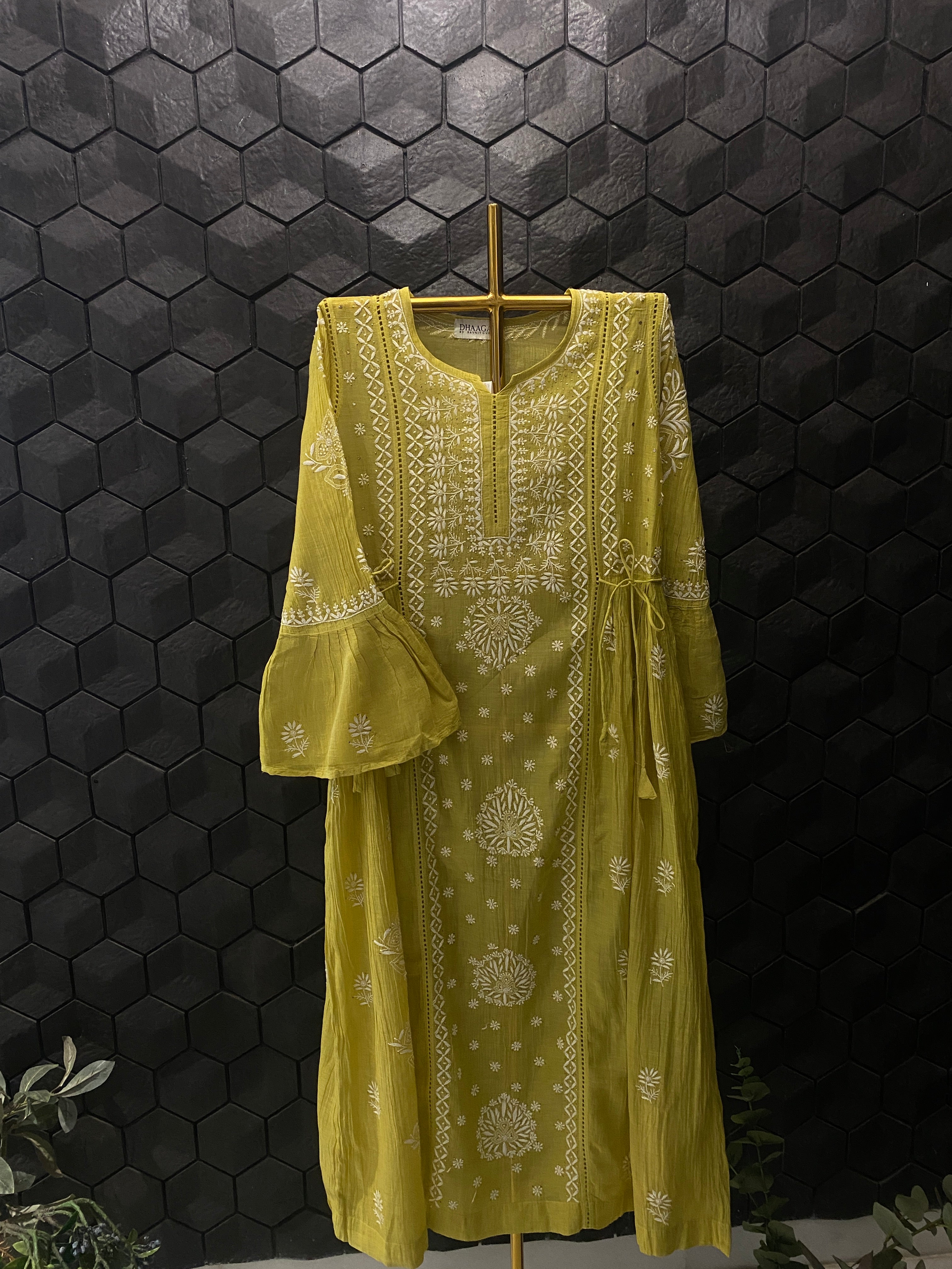 Lime Green Mul Chanderi Chikankari and Mukaish dress