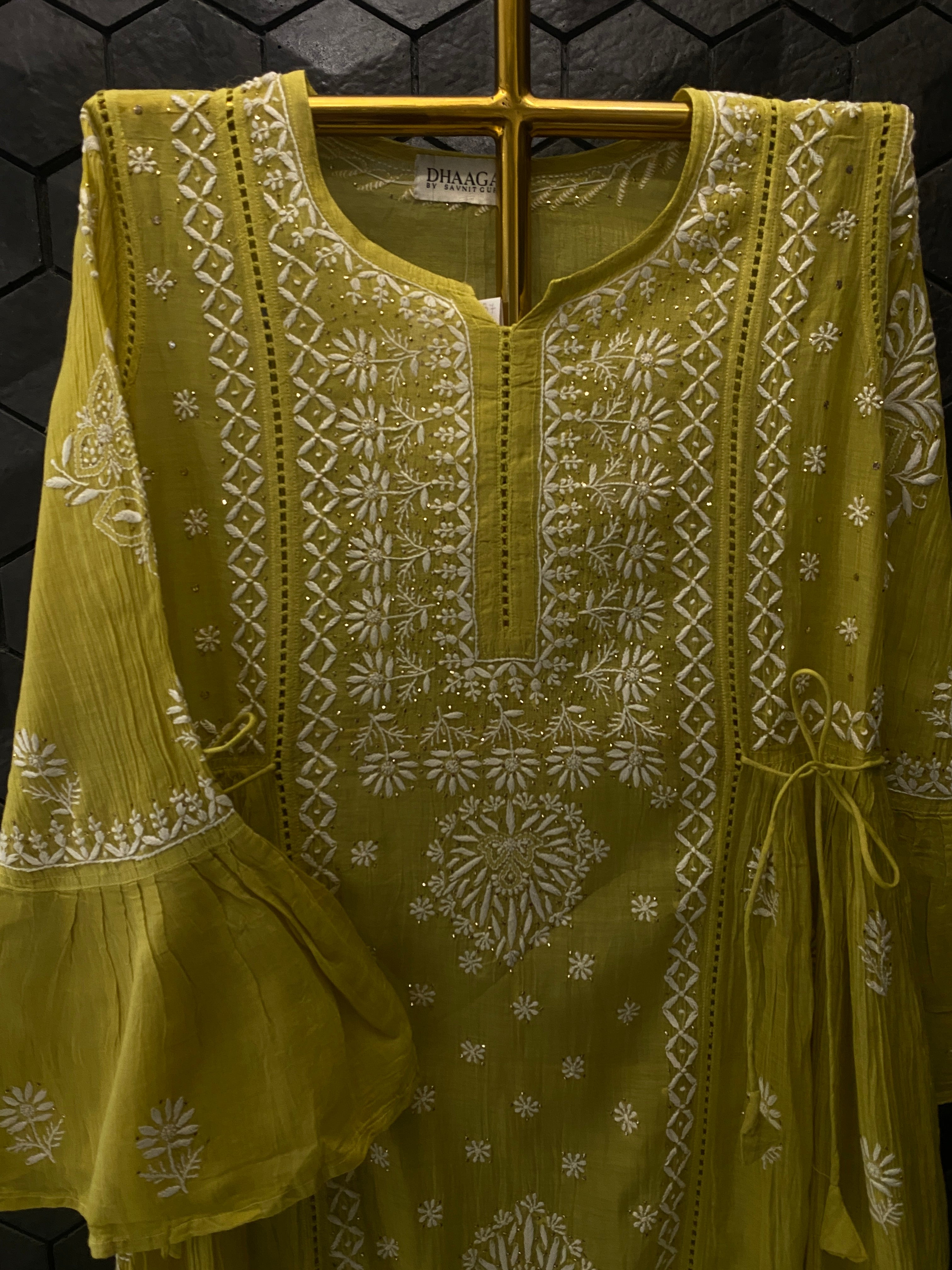 Lime Green Mul Chanderi Chikankari and Mukaish dress