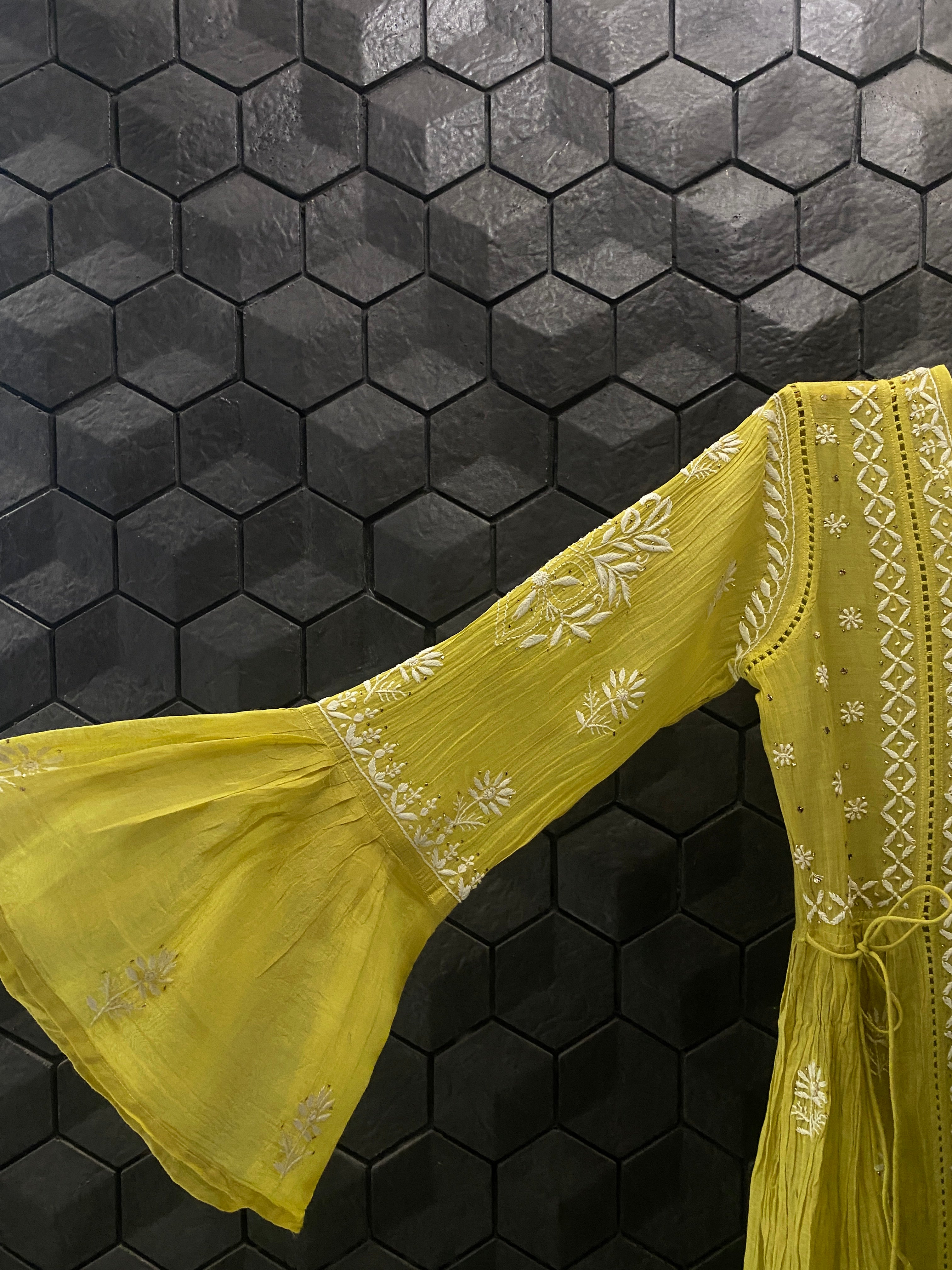Lime Green Mul Chanderi Chikankari and Mukaish dress