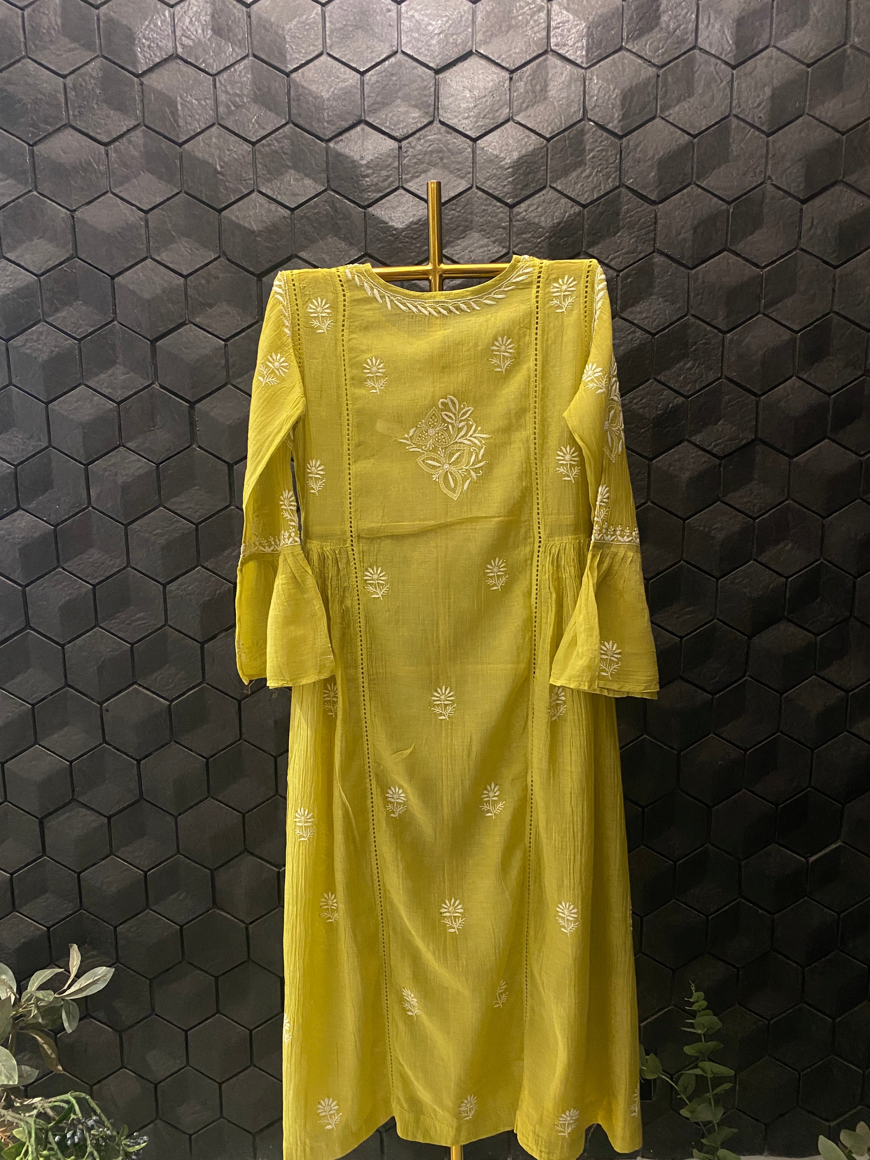Lime Green Mul Chanderi Chikankari and Mukaish dress