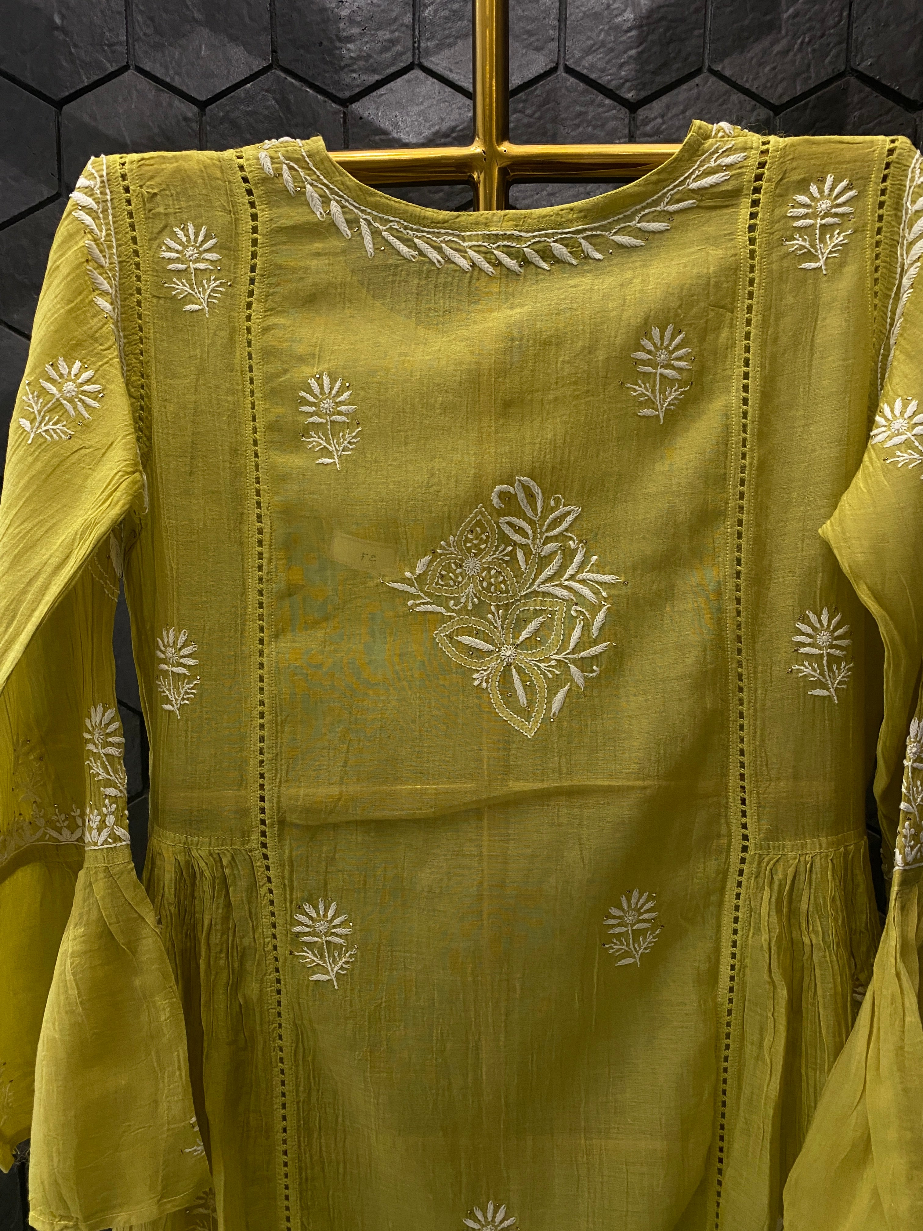 Lime Green Mul Chanderi Chikankari and Mukaish dress