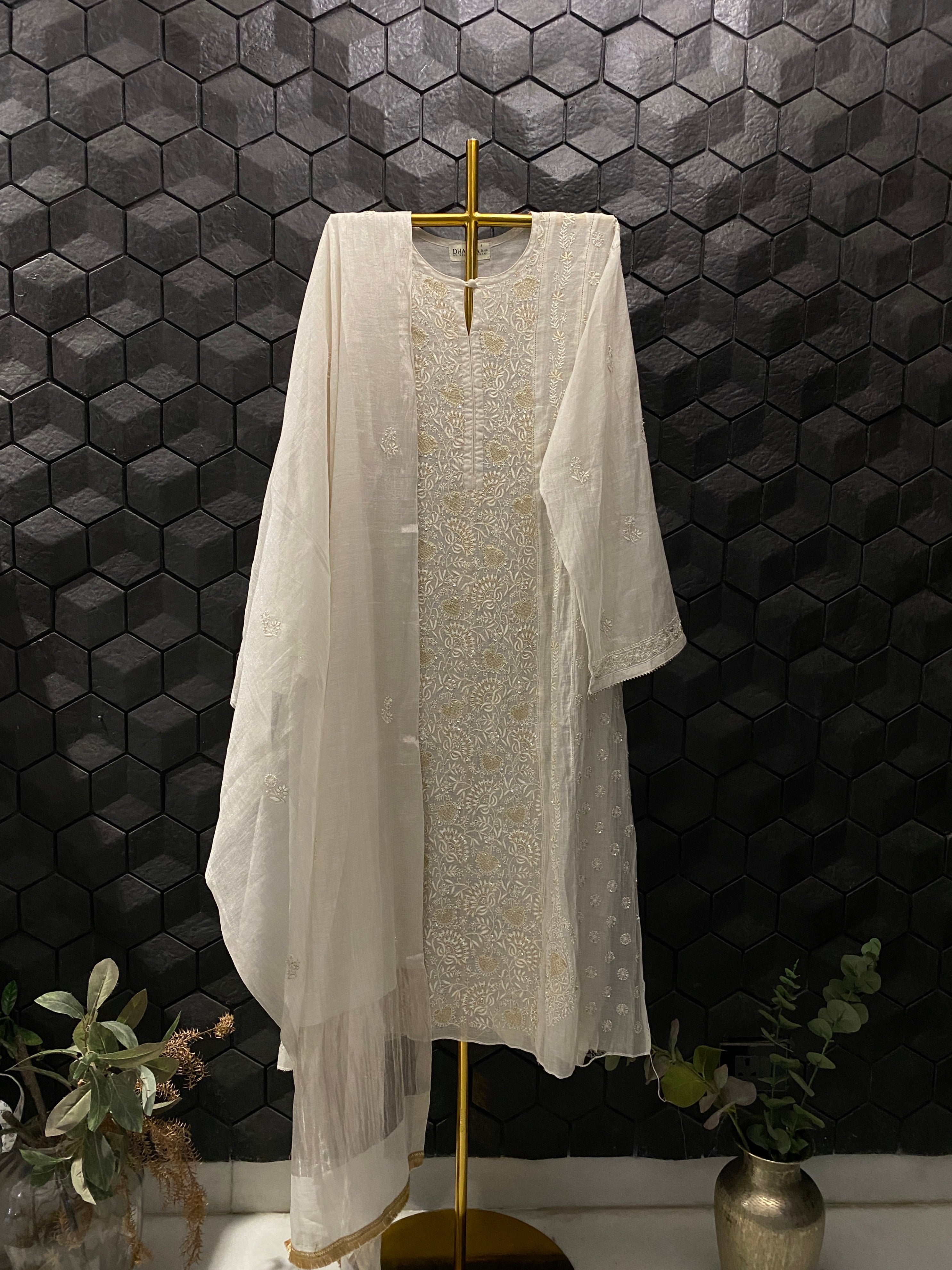 Silver Tissue Chikankari Kurta Set
