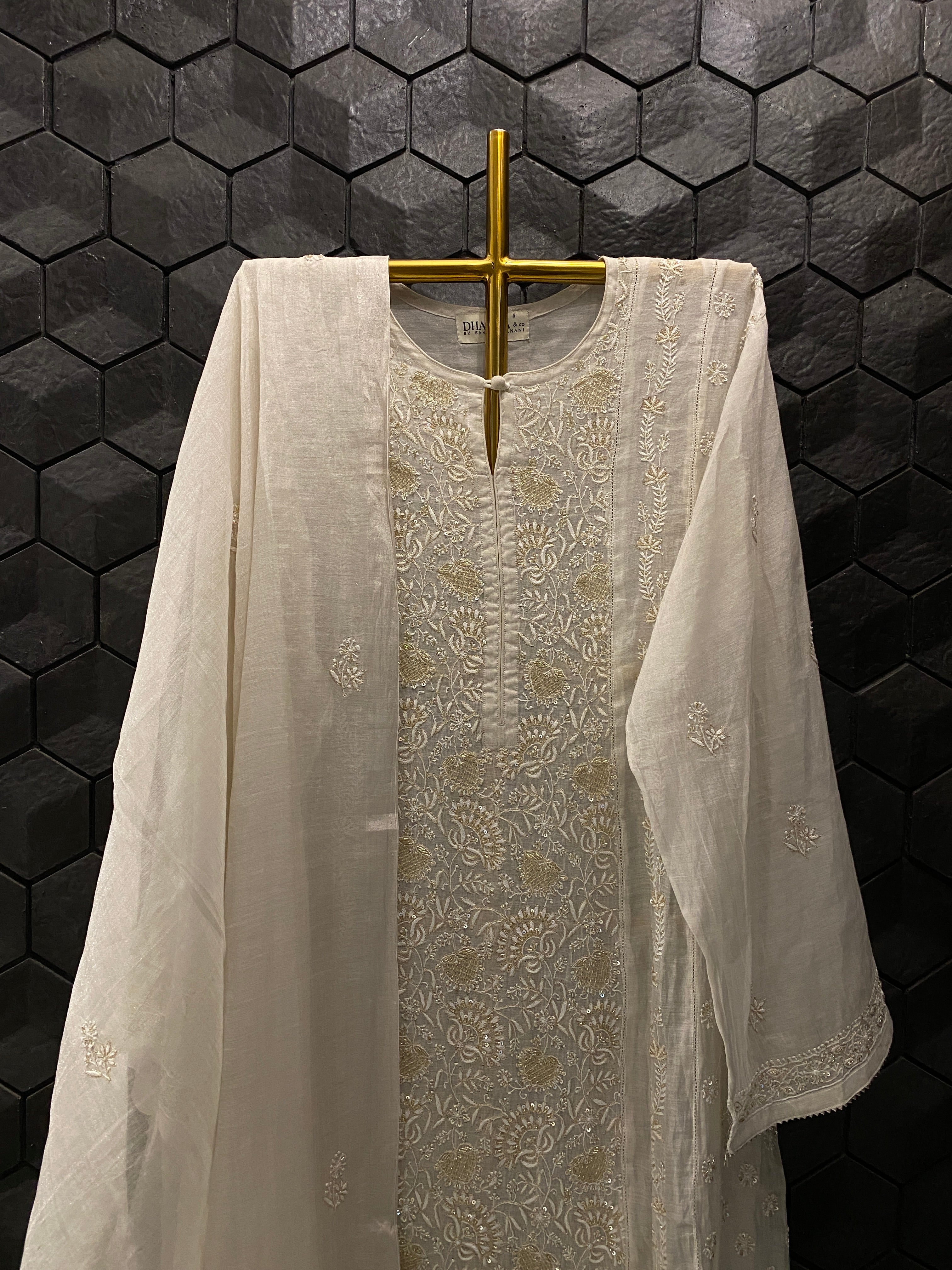 Silver Tissue Chikankari Kurta Set