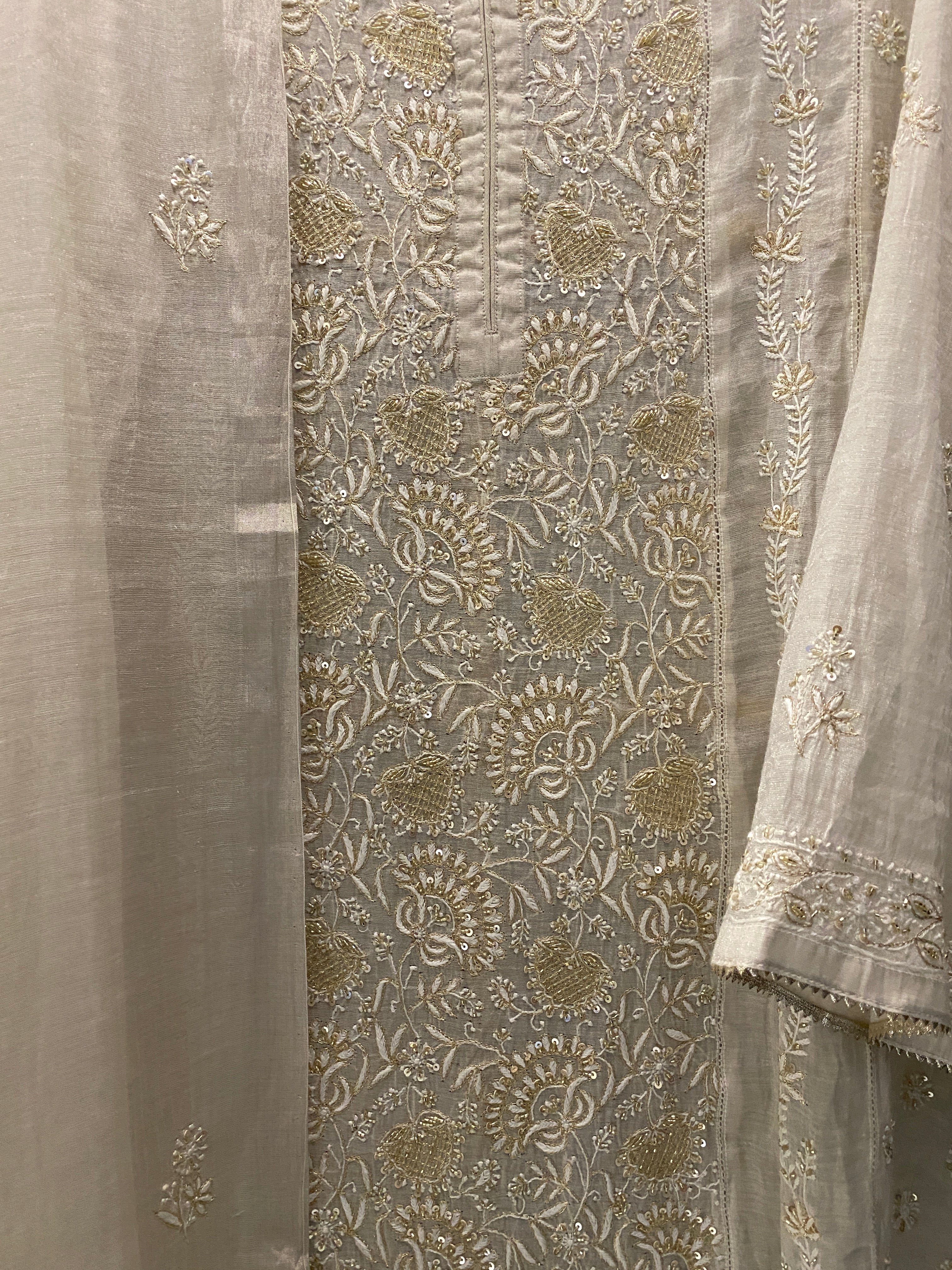 Silver Tissue Chikankari Kurta Set