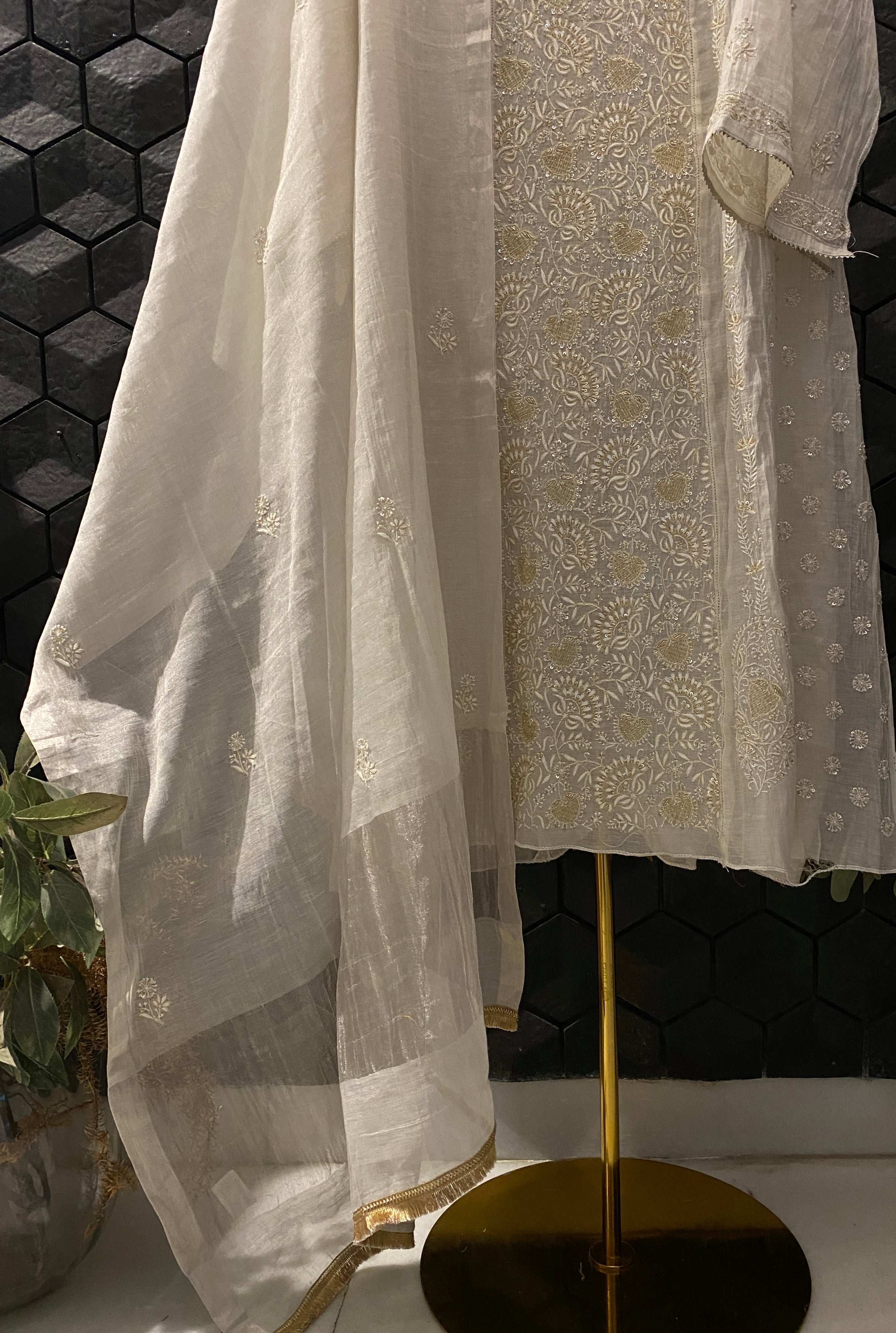 Silver Tissue Chikankari Kurta Set