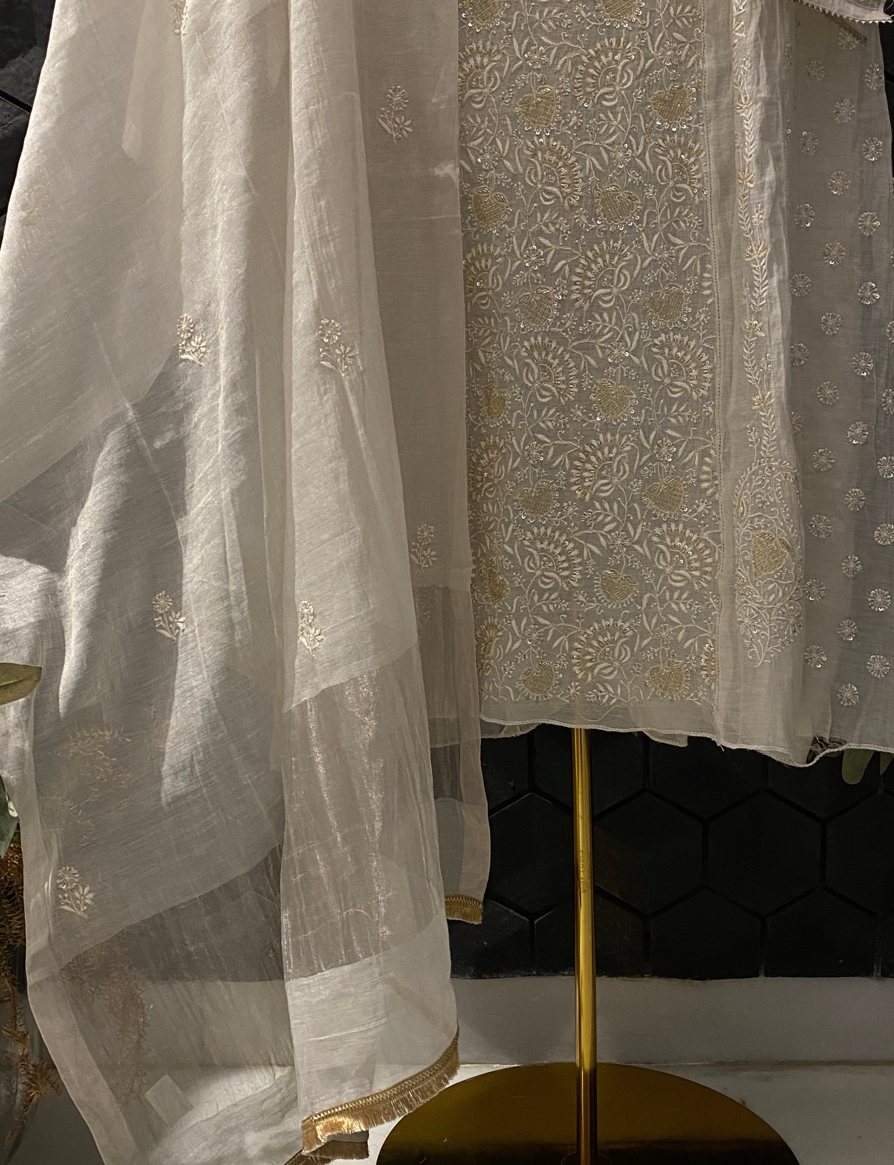 Silver Tissue Chikankari Kurta Set