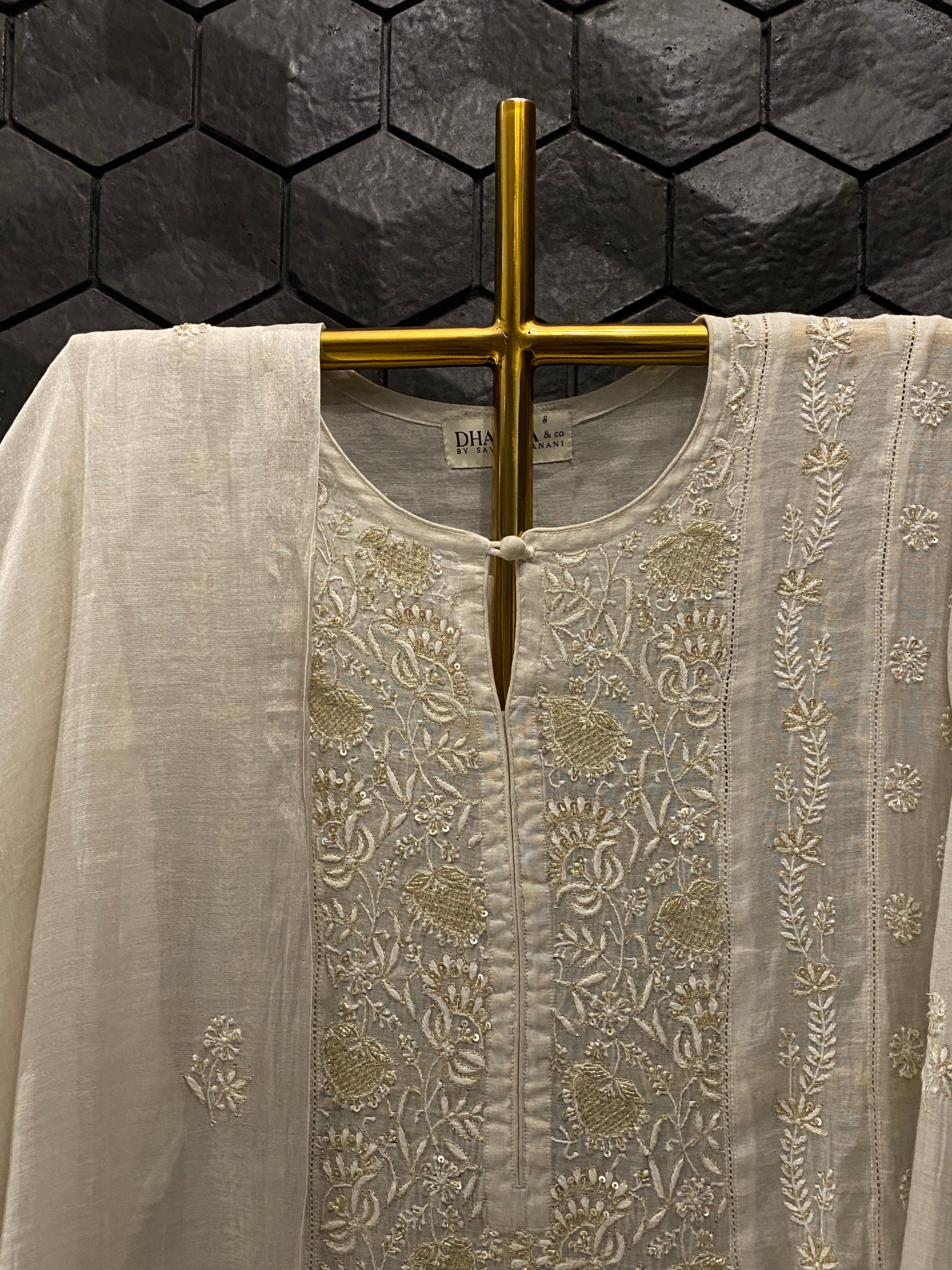 Silver Tissue Chikankari Kurta Set