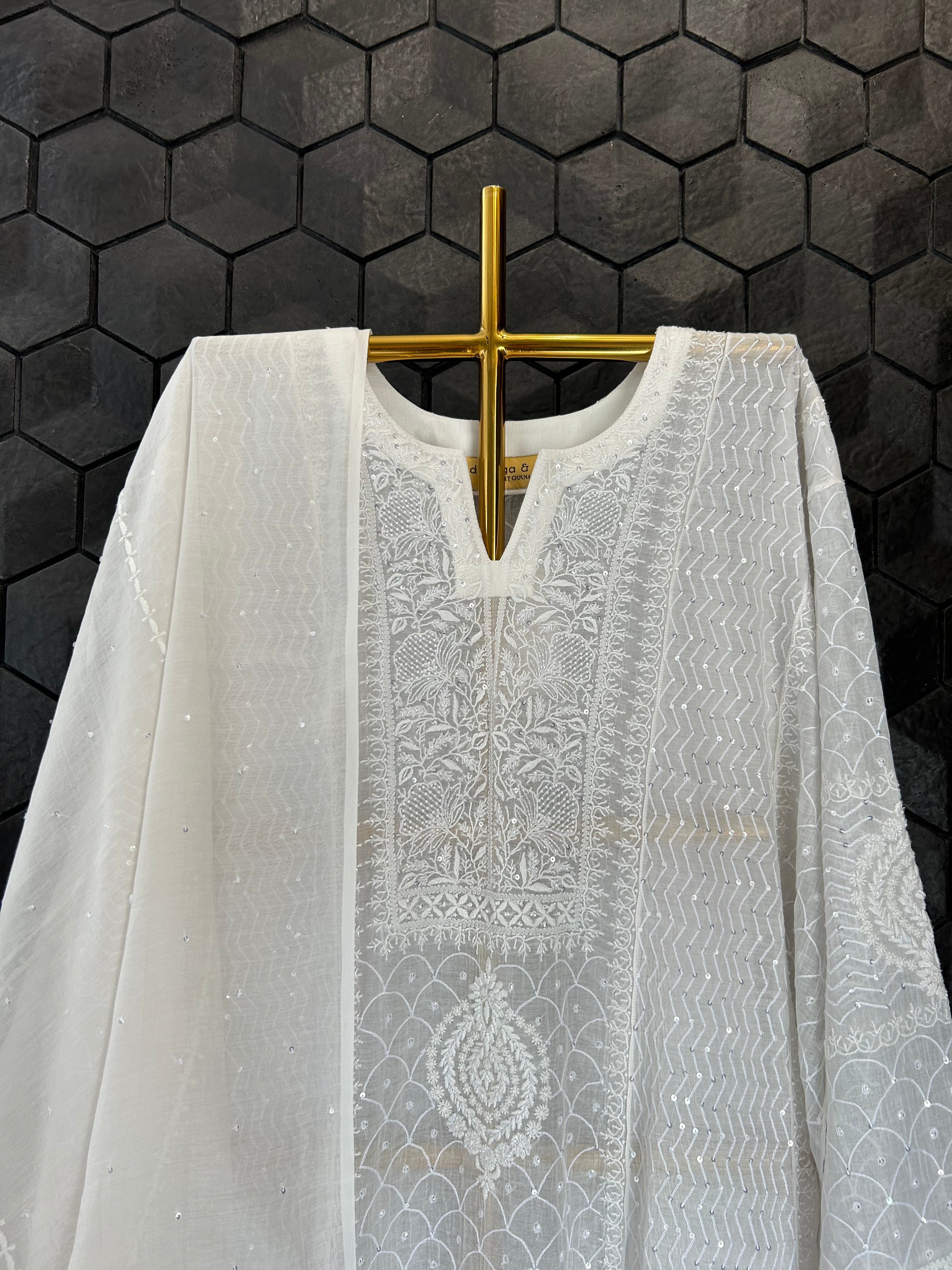 WHITE CHANDERI CHIKANKARI ANARKALI SET