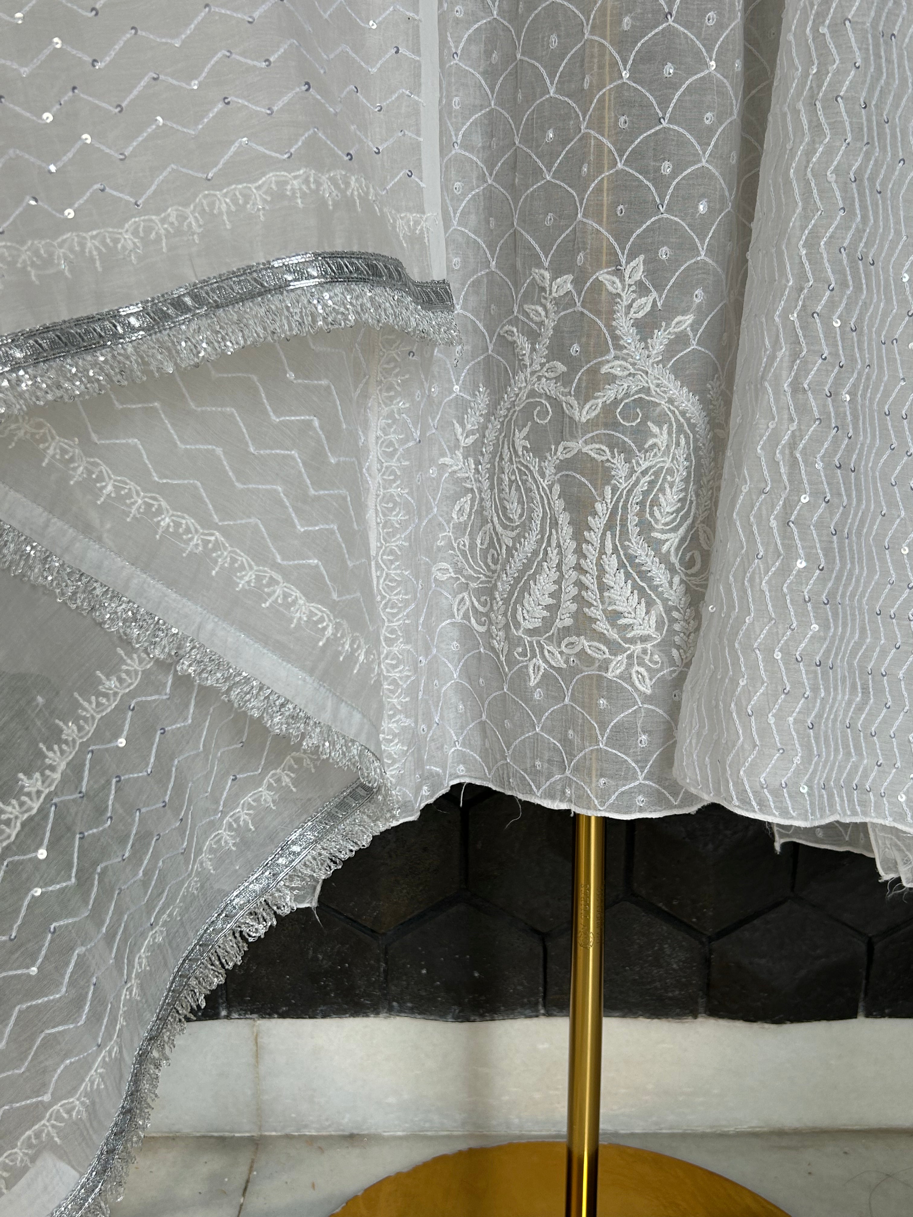 WHITE CHANDERI CHIKANKARI ANARKALI SET