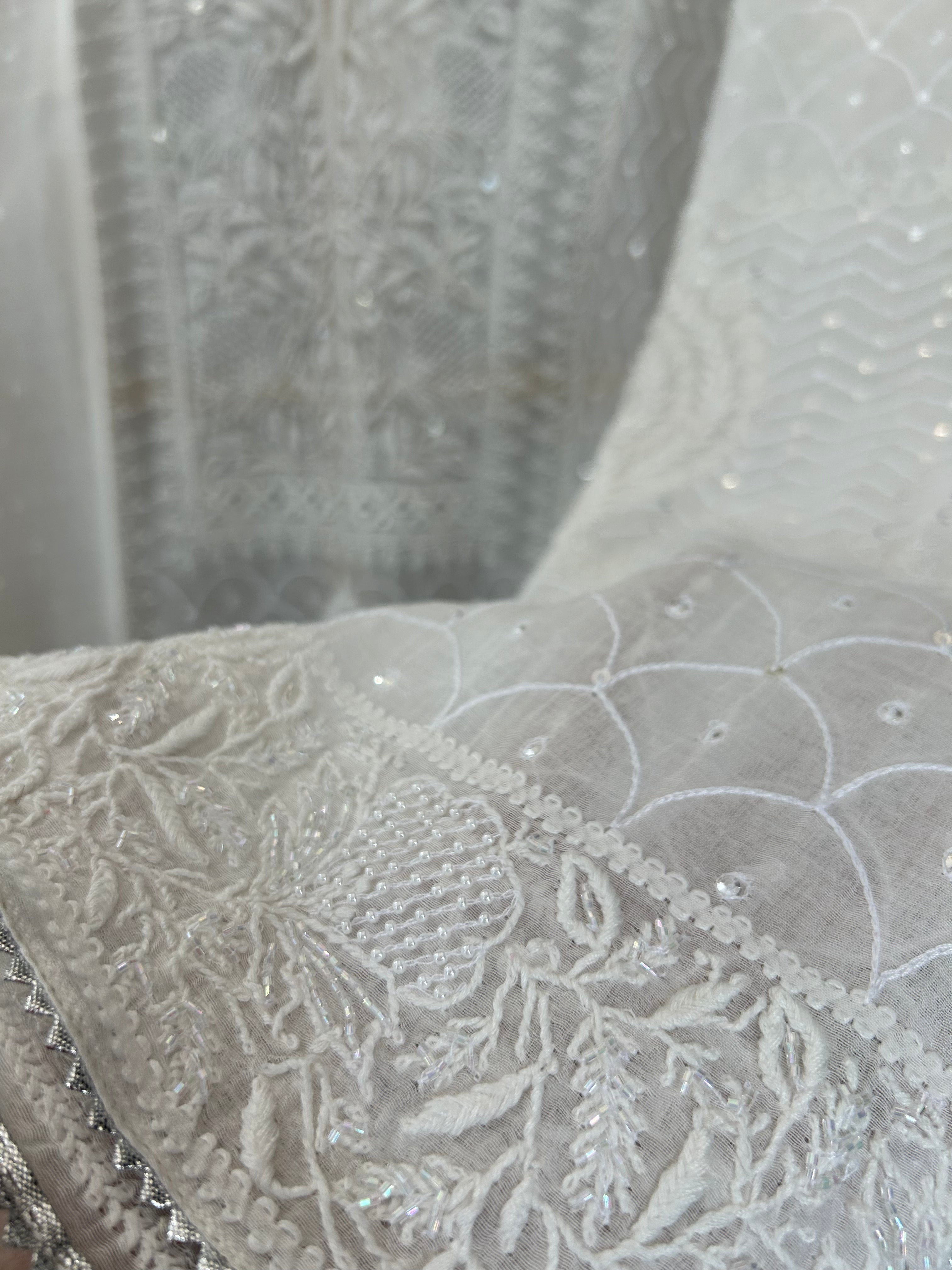 WHITE CHANDERI CHIKANKARI ANARKALI SET