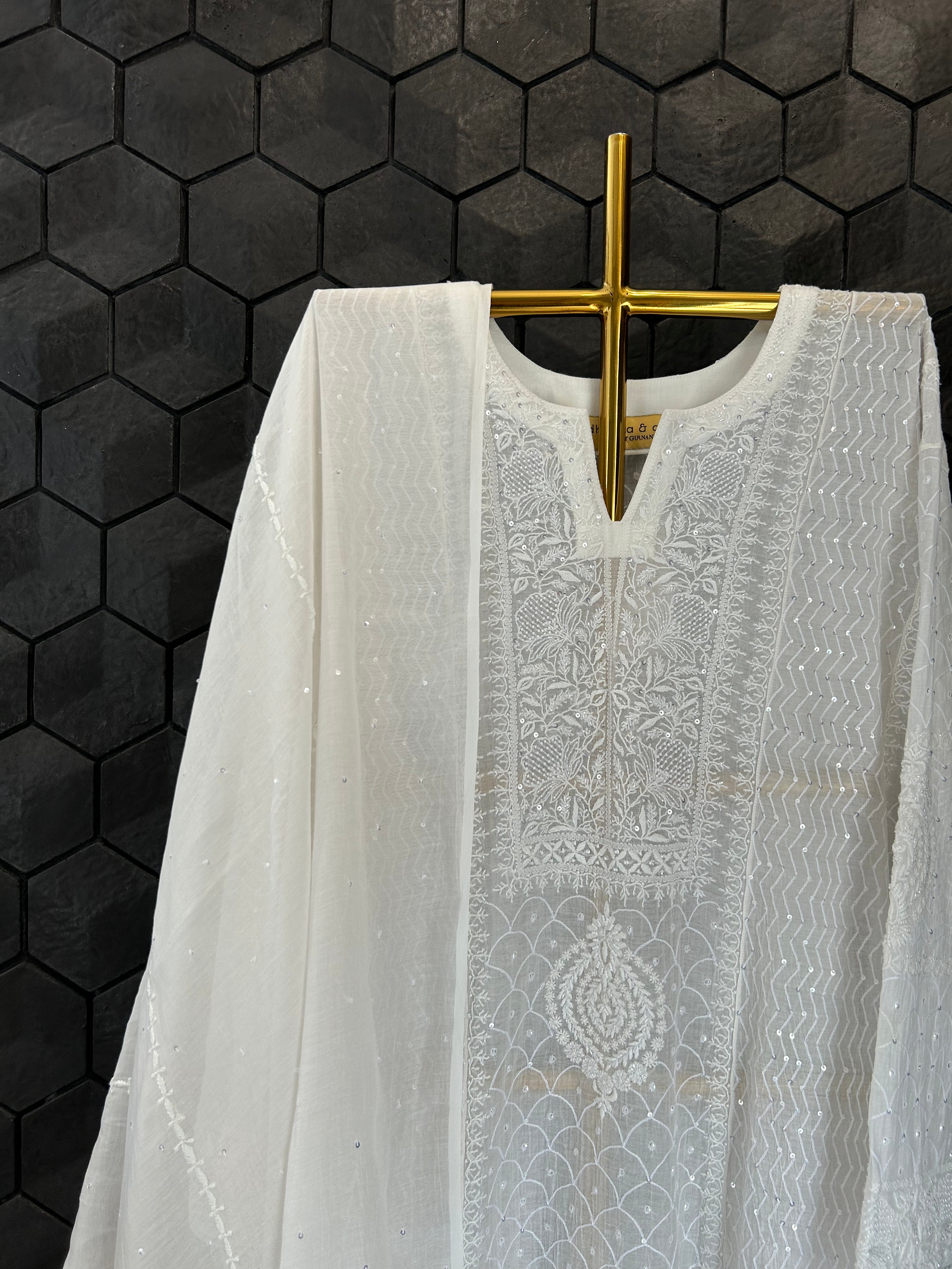 WHITE CHANDERI CHIKANKARI ANARKALI SET