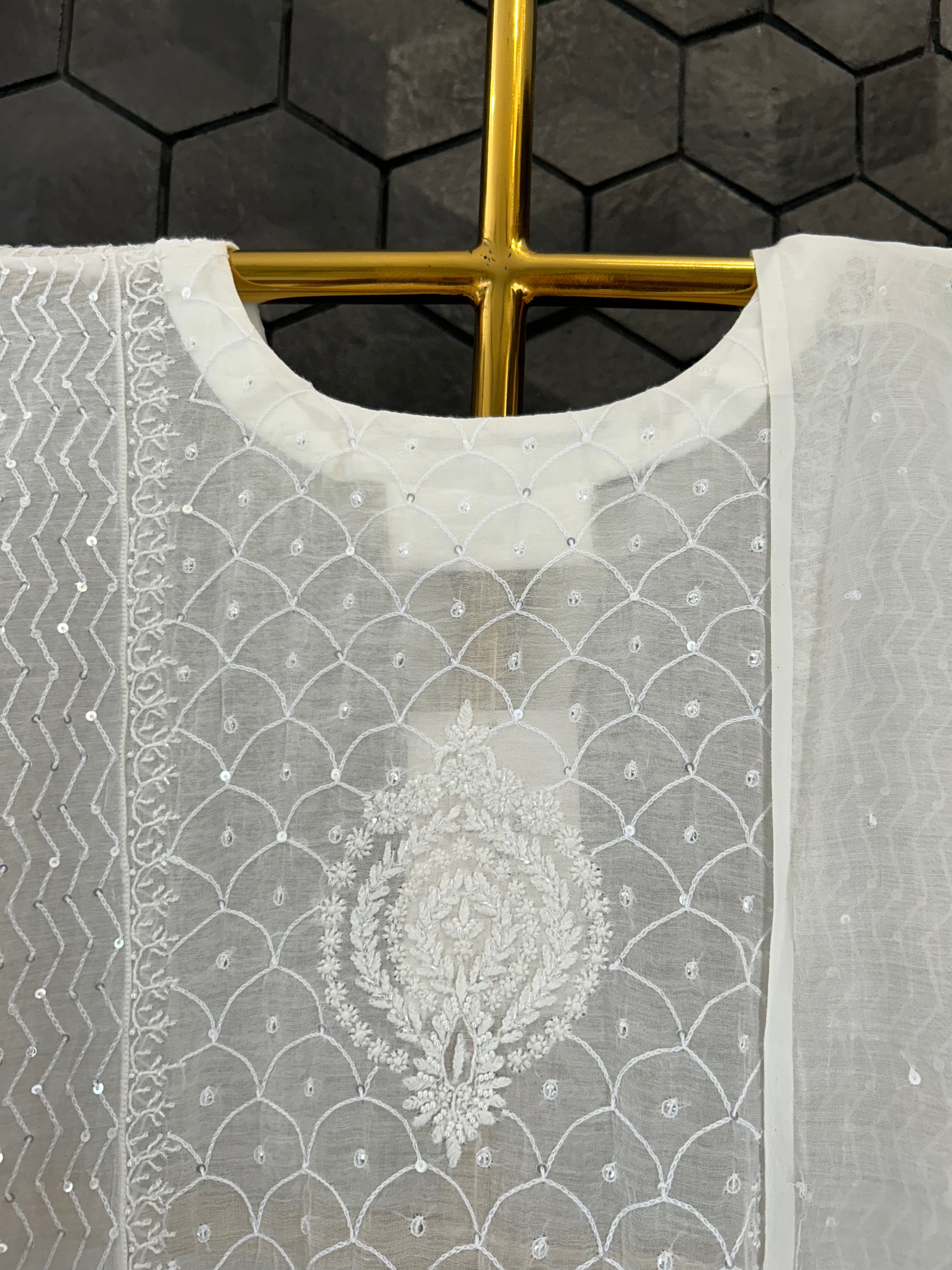 WHITE CHANDERI CHIKANKARI ANARKALI SET