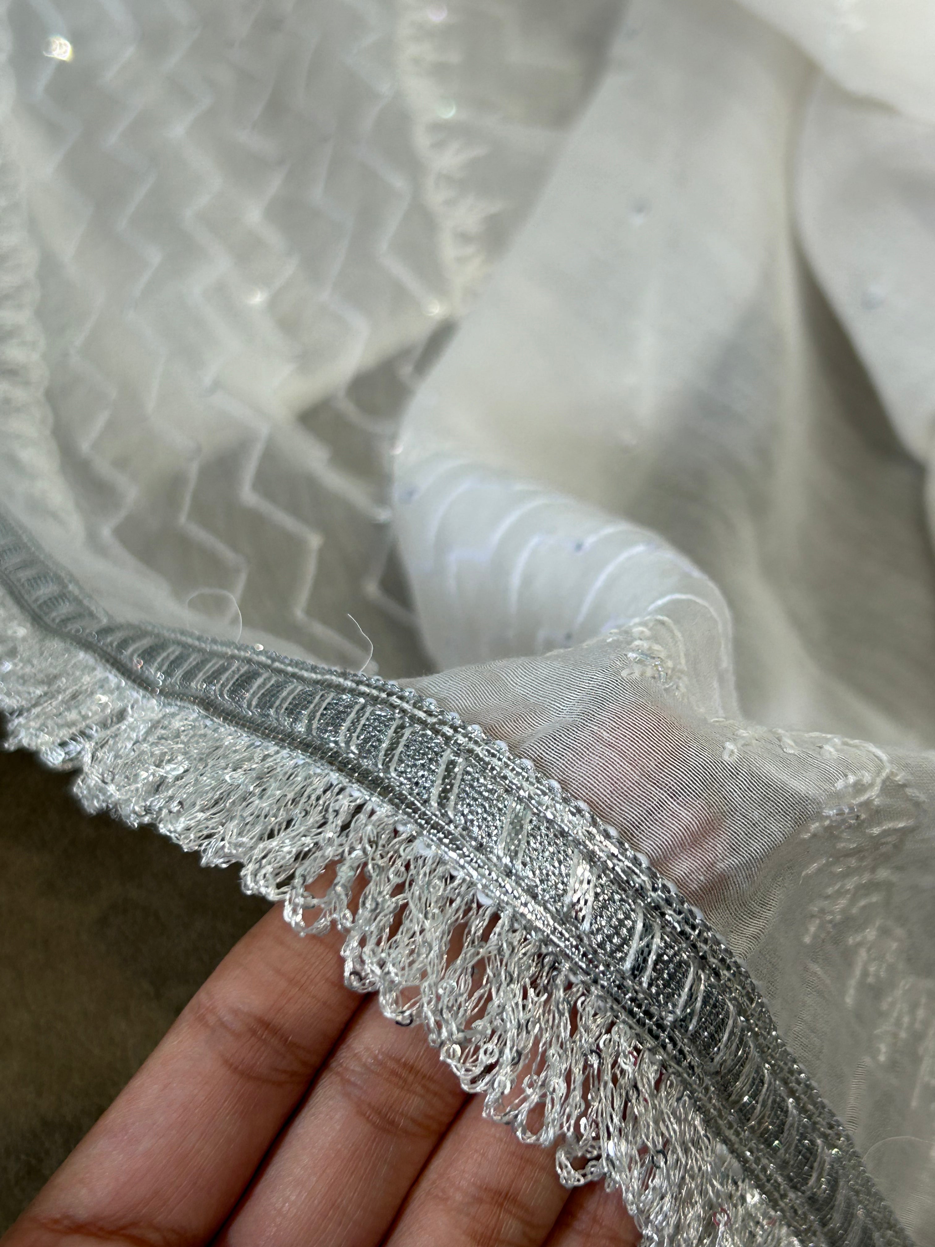 WHITE CHANDERI CHIKANKARI ANARKALI SET