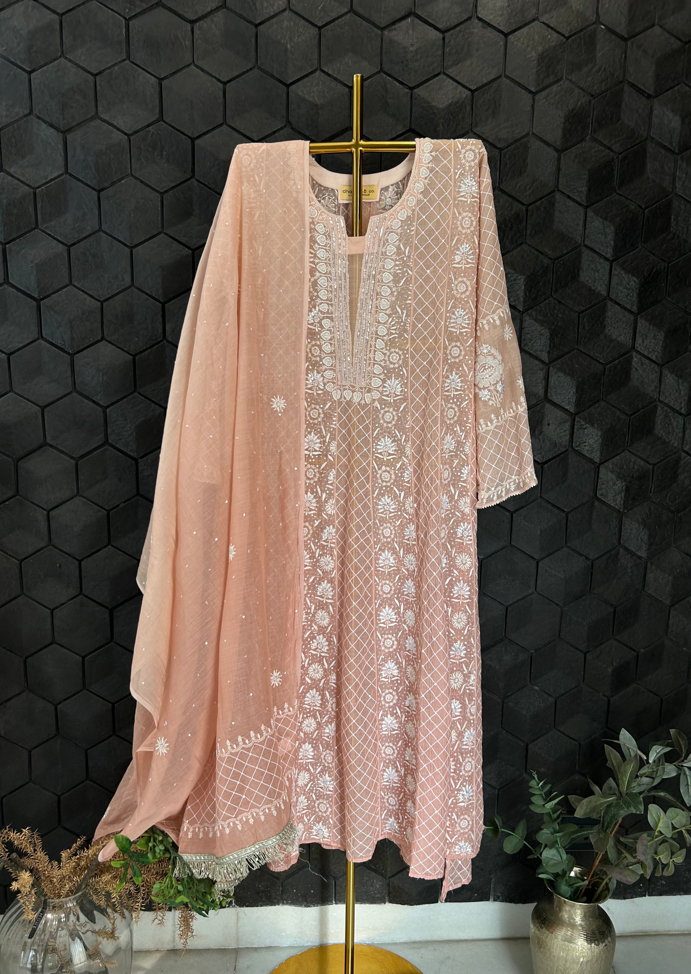 Dull Peach Mul Chanderi Chikankari Anarkali Set