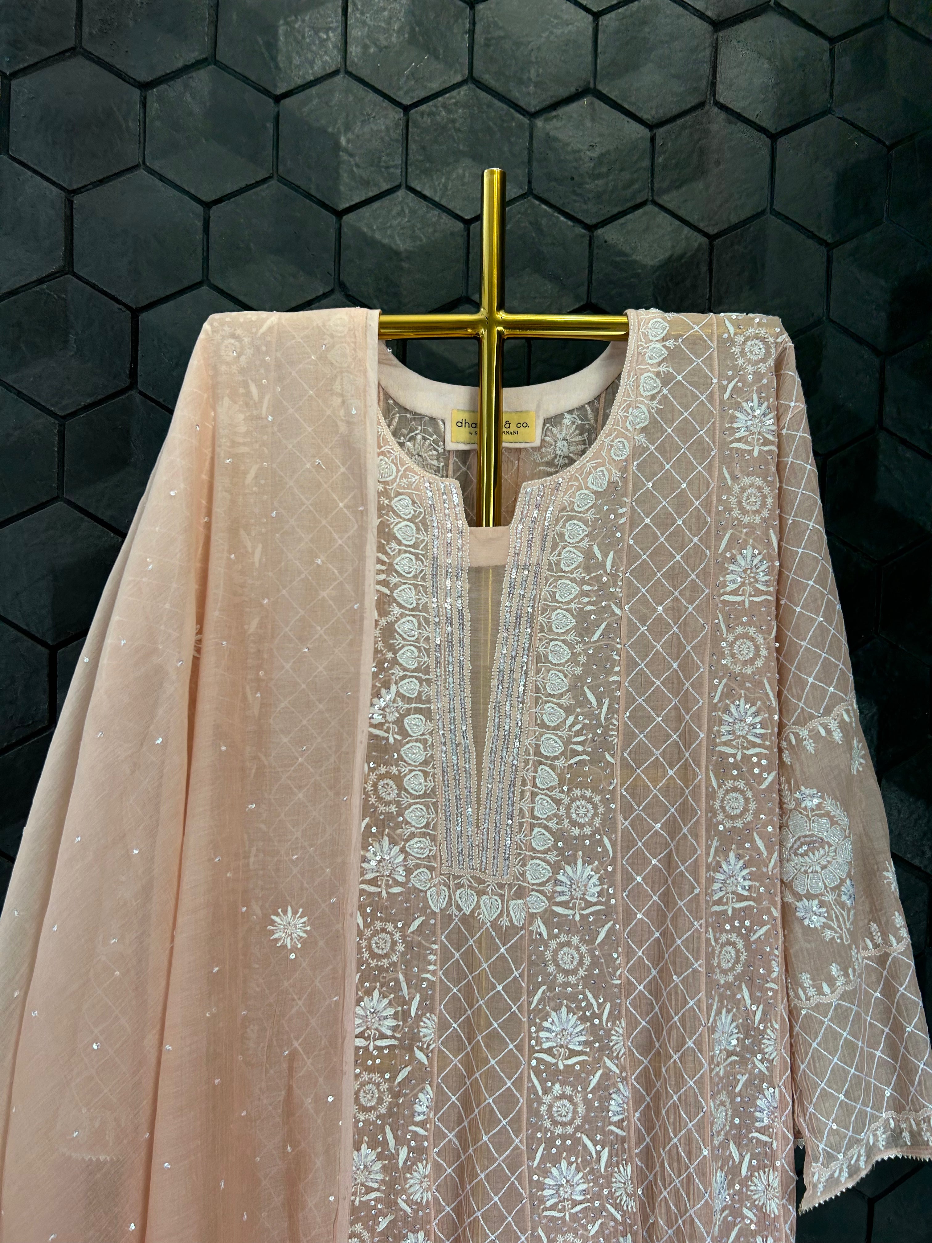 Dull Peach Mul Chanderi Chikankari Anarkali Set