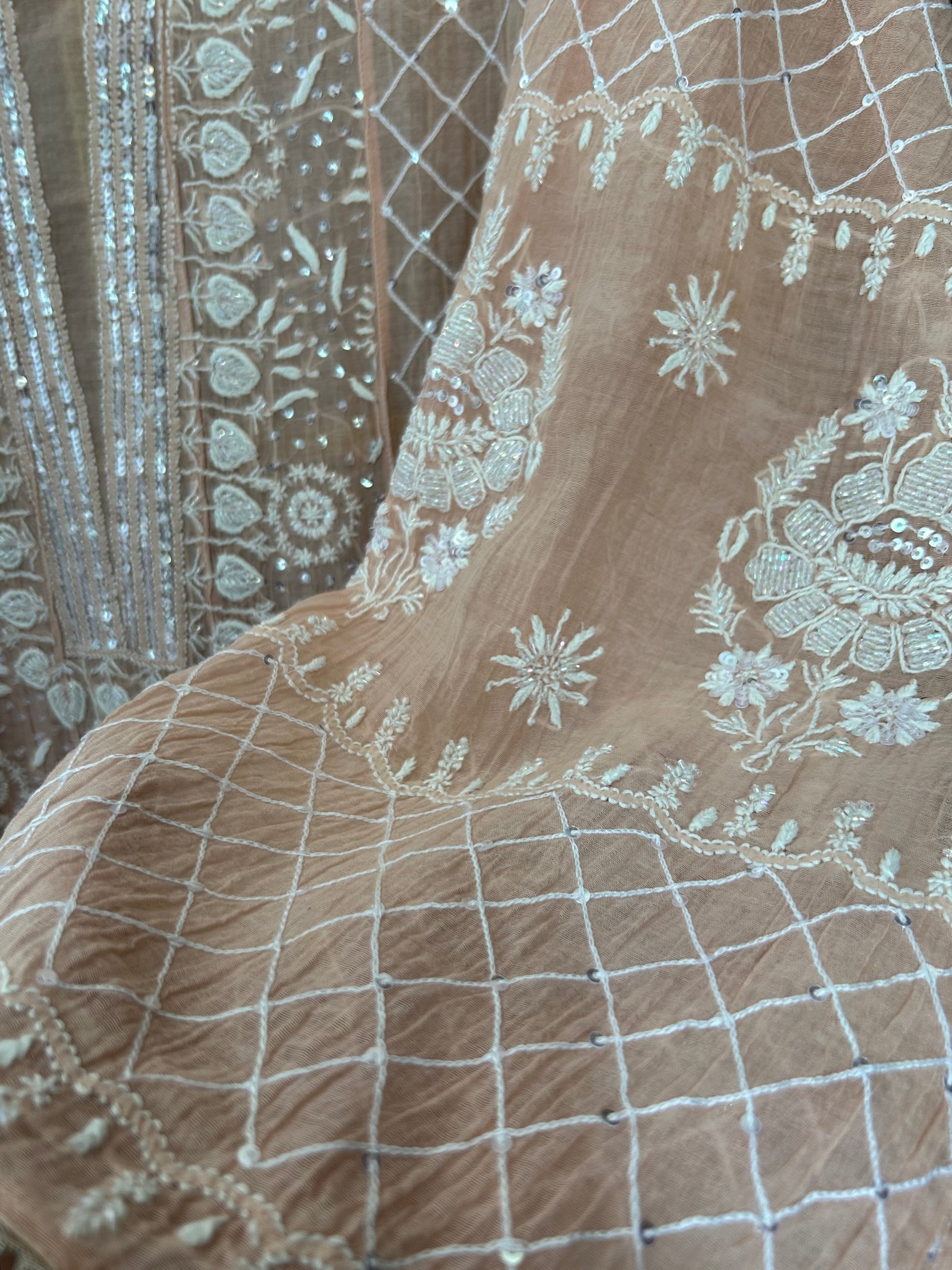 Dull Peach Mul Chanderi Chikankari Anarkali Set