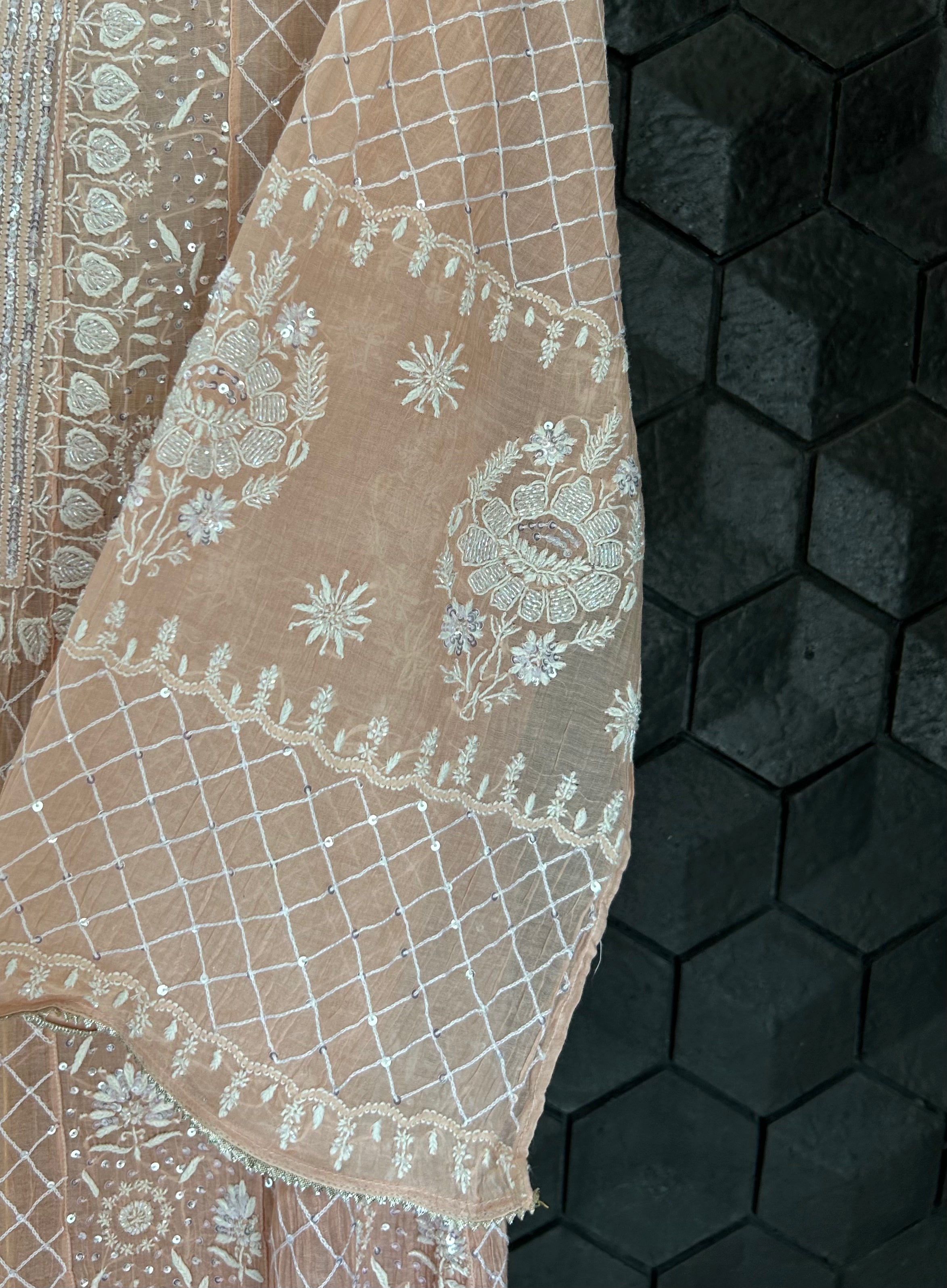 Dull Peach Mul Chanderi Chikankari Anarkali Set