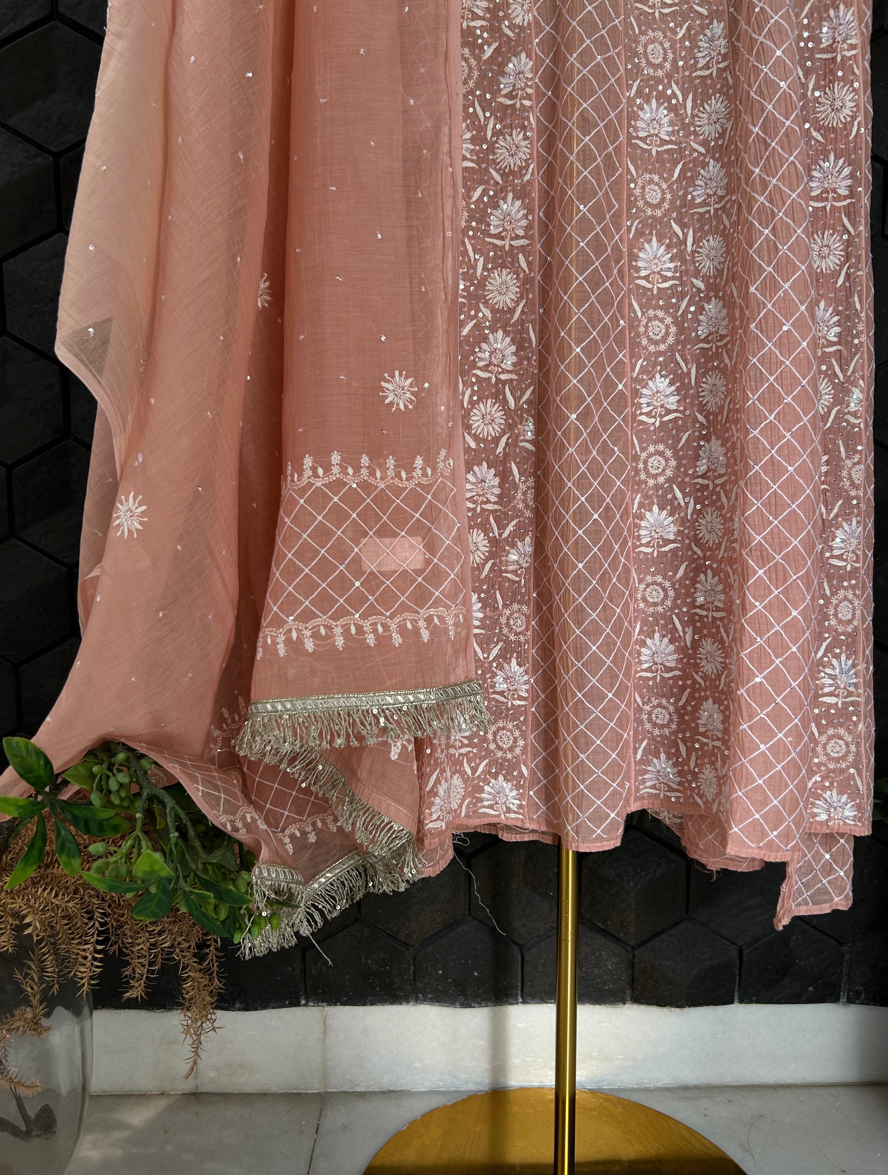 Dull Peach Mul Chanderi Chikankari Anarkali Set