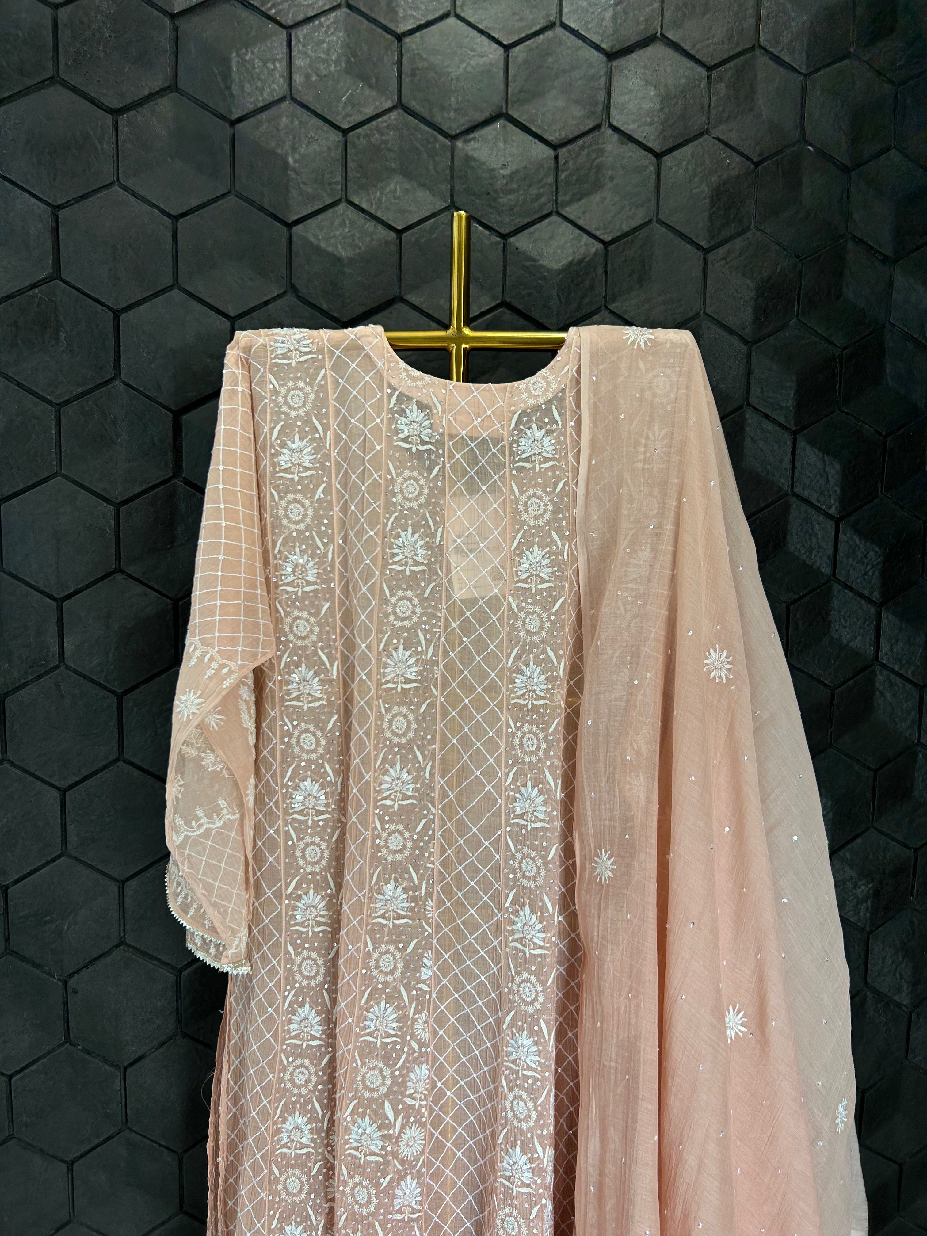 Dull Peach Mul Chanderi Chikankari Anarkali Set