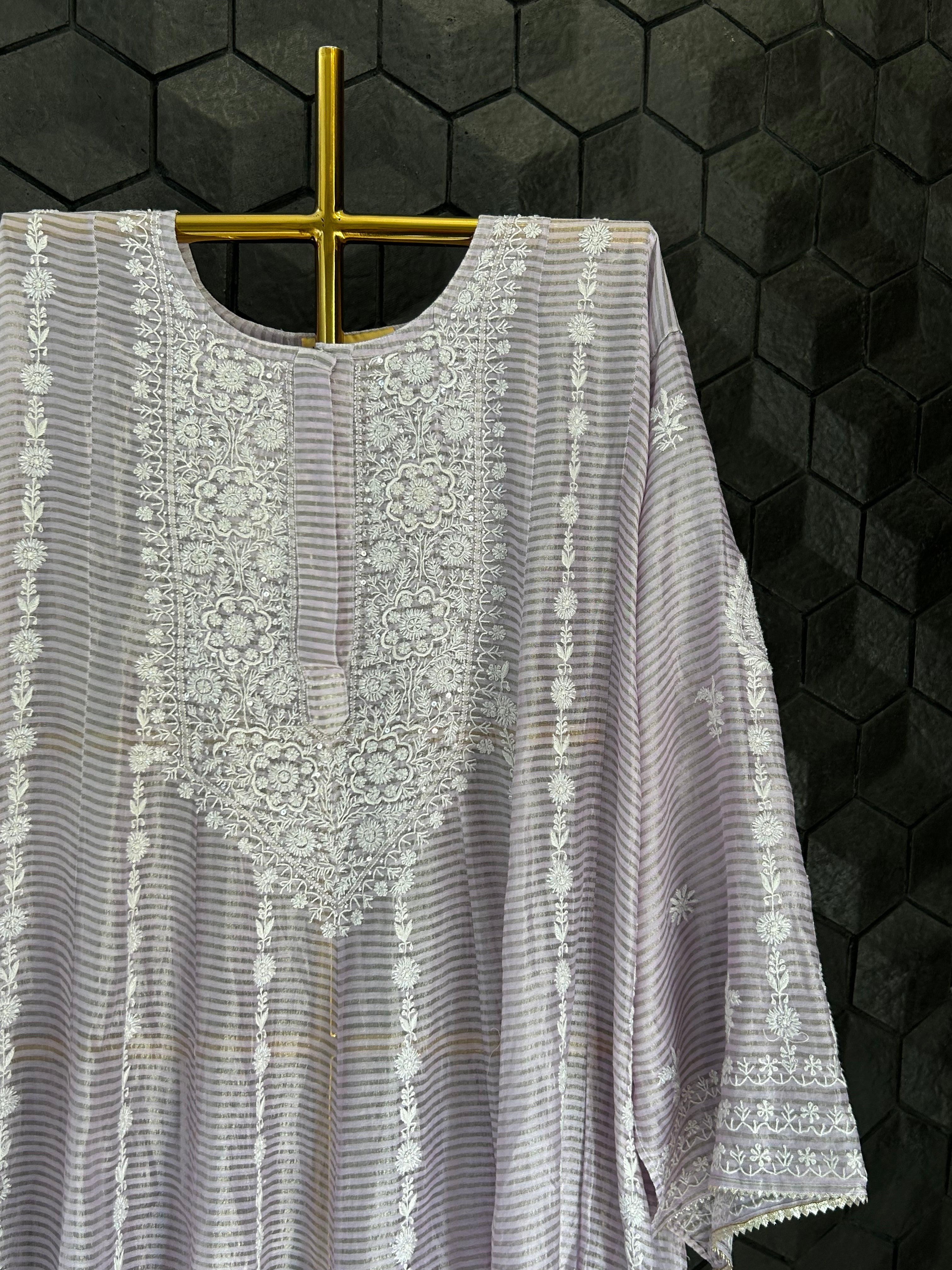 Lilac Stripe tissue Chikankari Anarkali Set