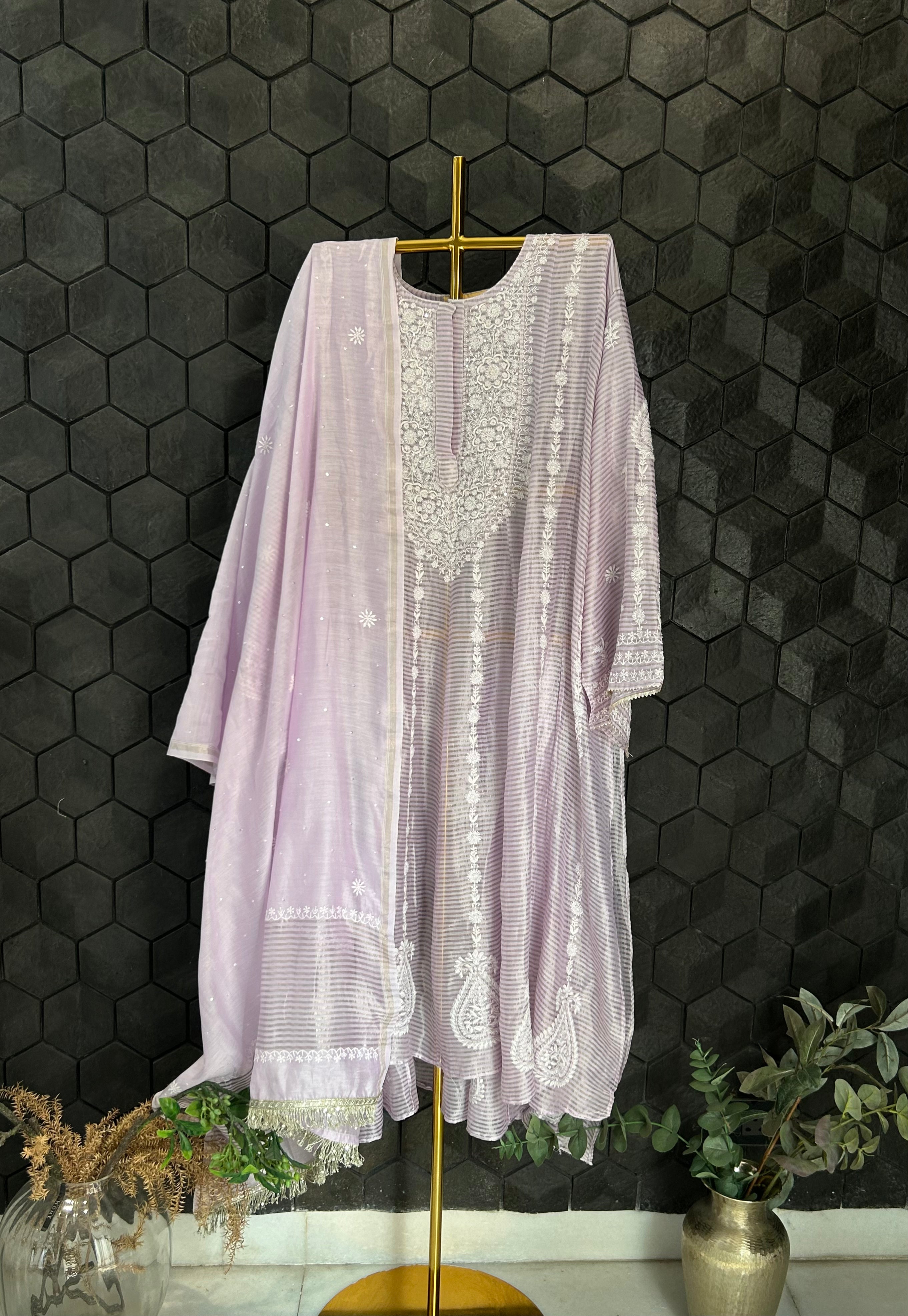 Lilac Stripe tissue Chikankari Anarkali Set