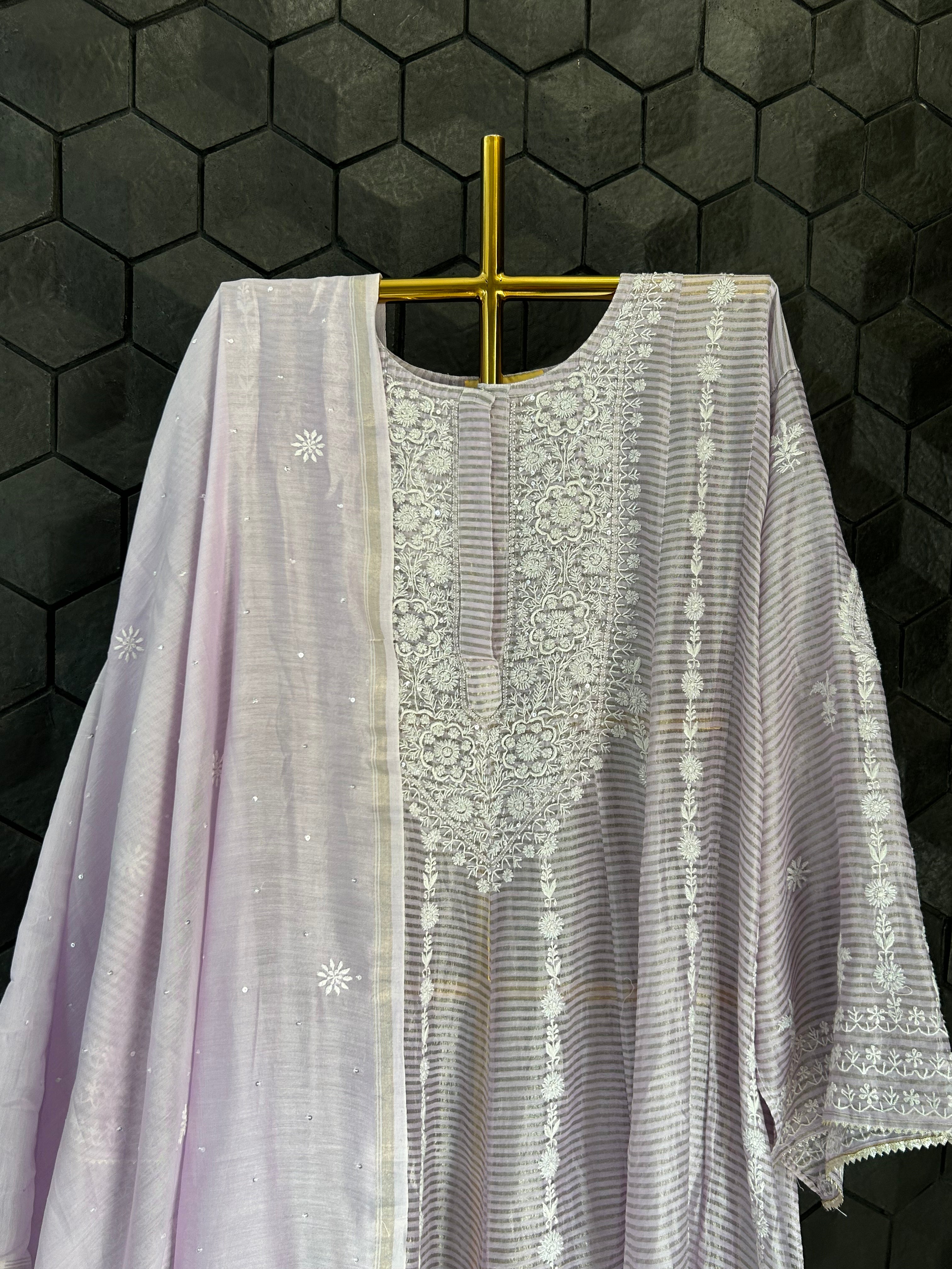 Lilac Stripe tissue Chikankari Anarkali Set