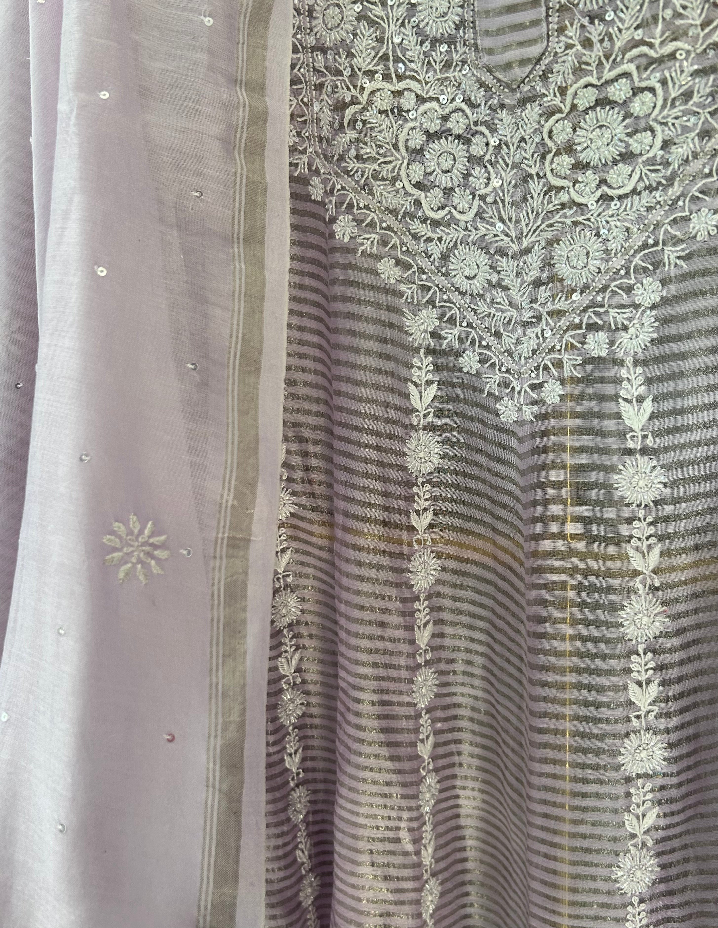 Lilac Stripe tissue Chikankari Anarkali Set
